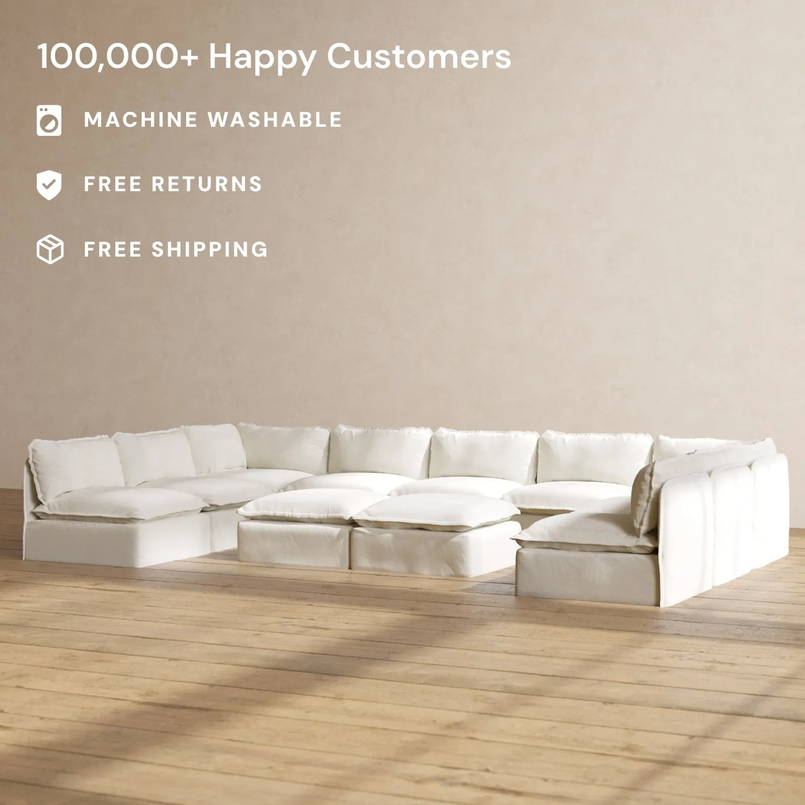 Modular Performance 9-Seater Open-Ends U-Sectional   Bench Ottoman in Eggshell | Relaxed Blend