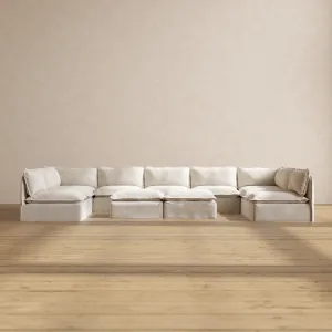 Modular Performance 9-Seater Open-Ends U-Sectional   Bench Ottoman in Flour | Relaxed Blend