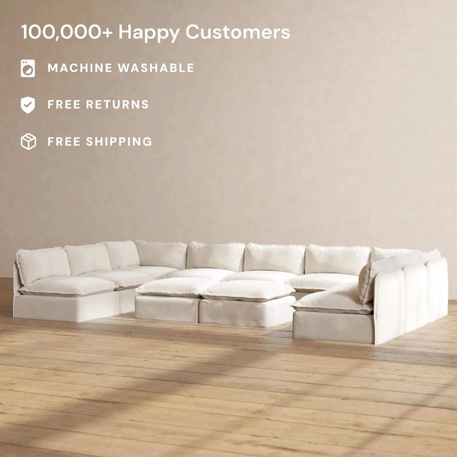 Modular Performance 9-Seater Open-Ends U-Sectional   Bench Ottoman in Flour | Relaxed Blend