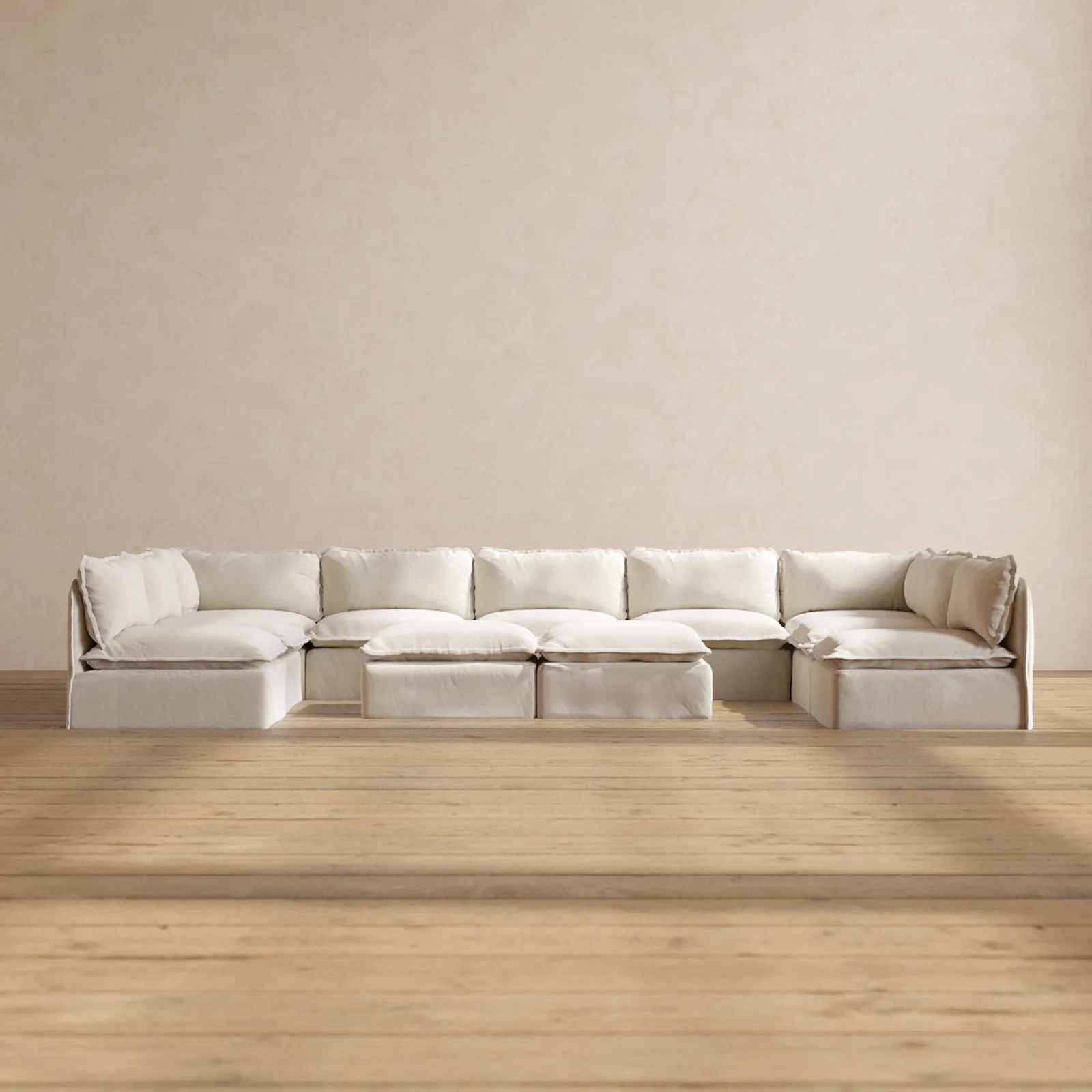 Modular Performance 9-Seater Open-Ends U-Sectional   Bench Ottoman in Flour | Relaxed Blend