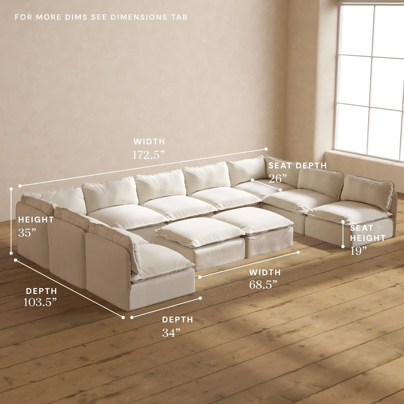 Modular Performance 9-Seater Open-Ends U-Sectional   Bench Ottoman in Flour | Relaxed Blend