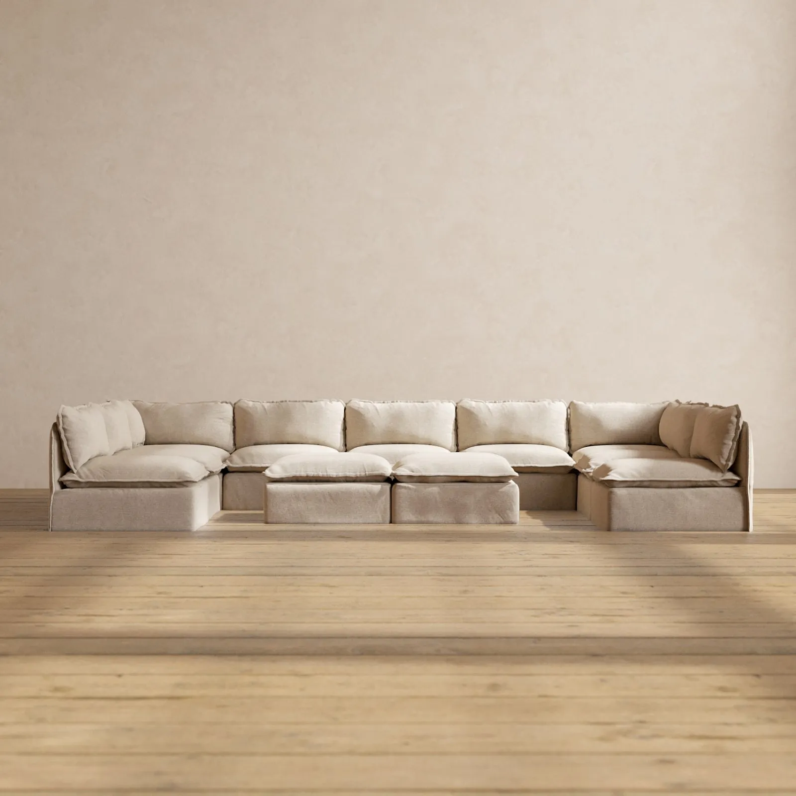 Modular Performance 9-Seater Open-Ends U-Sectional   Bench Ottoman in Oat | Relaxed Blend