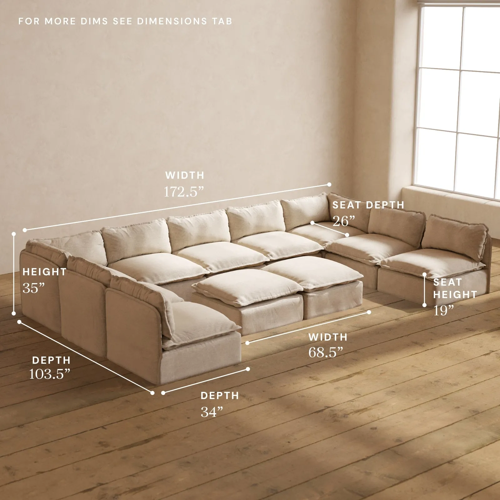 Modular Performance 9-Seater Open-Ends U-Sectional   Bench Ottoman in Oat | Relaxed Blend