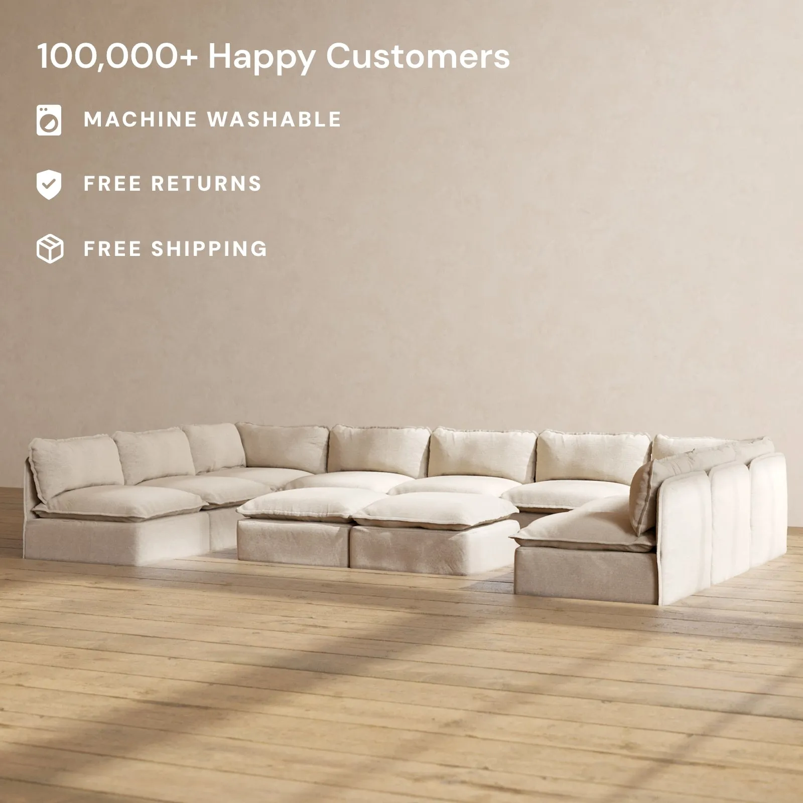 Modular Performance 9-Seater Open-Ends U-Sectional   Bench Ottoman in Oat | Relaxed Blend