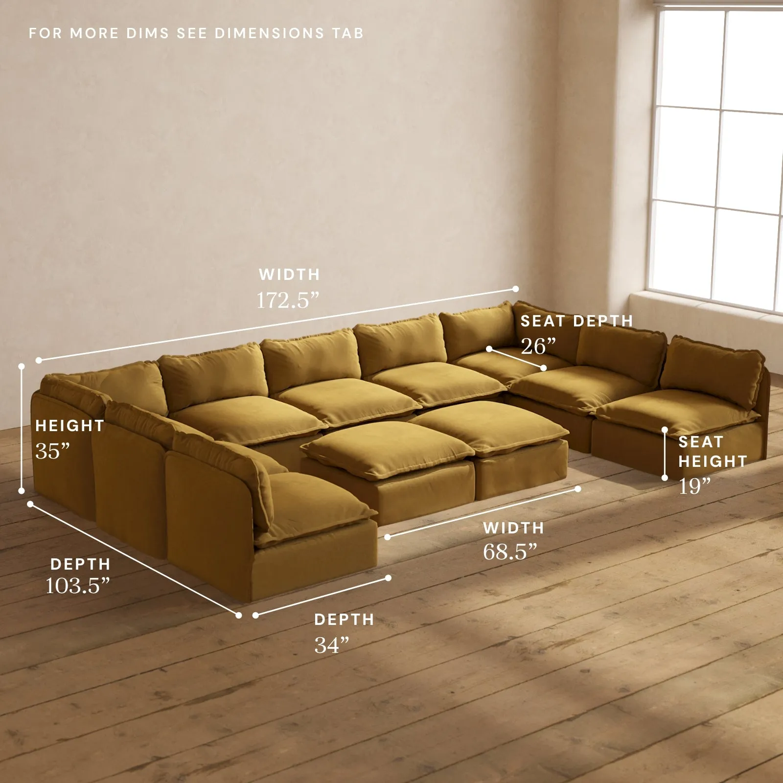 Modular Performance 9-Seater Open-Ends U-Sectional   Bench Ottoman in Toffee | Relaxed Blend