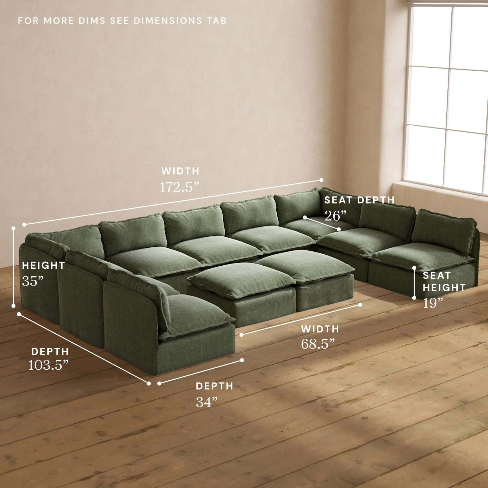 Modular Performance 9-Seater Open-Ends U-Sectional   Bench Ottoman in Willow | Relaxed Blend