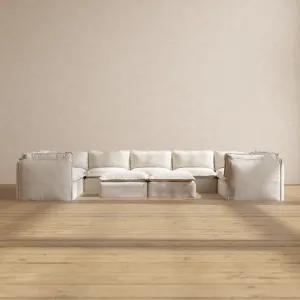 Modular Performance 9-Seater U-Sectional   Bench Ottoman in Flour | Relaxed Blend