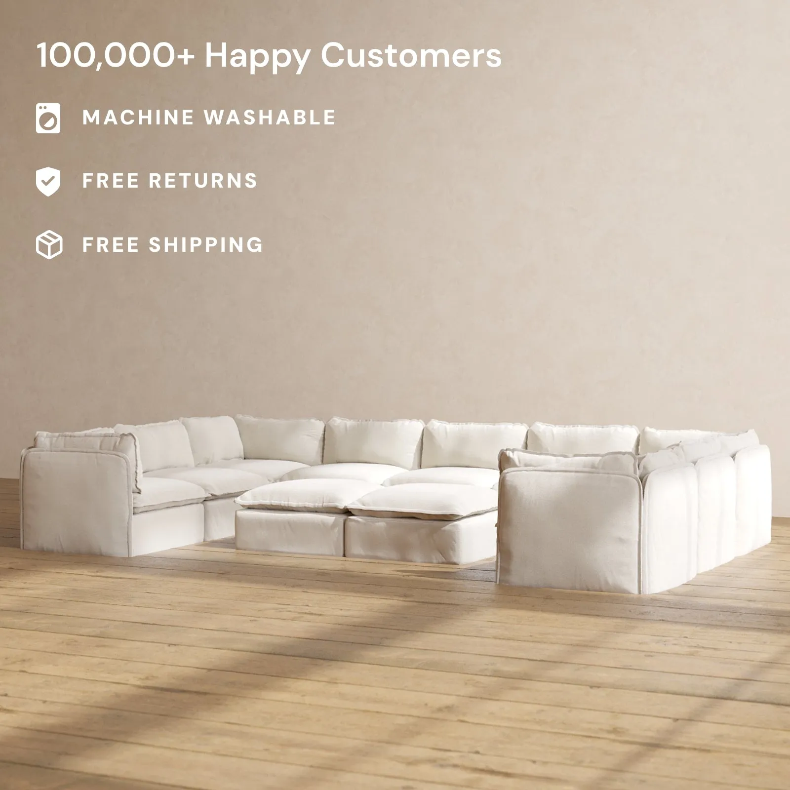 Modular Performance 9-Seater U-Sectional   Bench Ottoman in Flour | Relaxed Blend