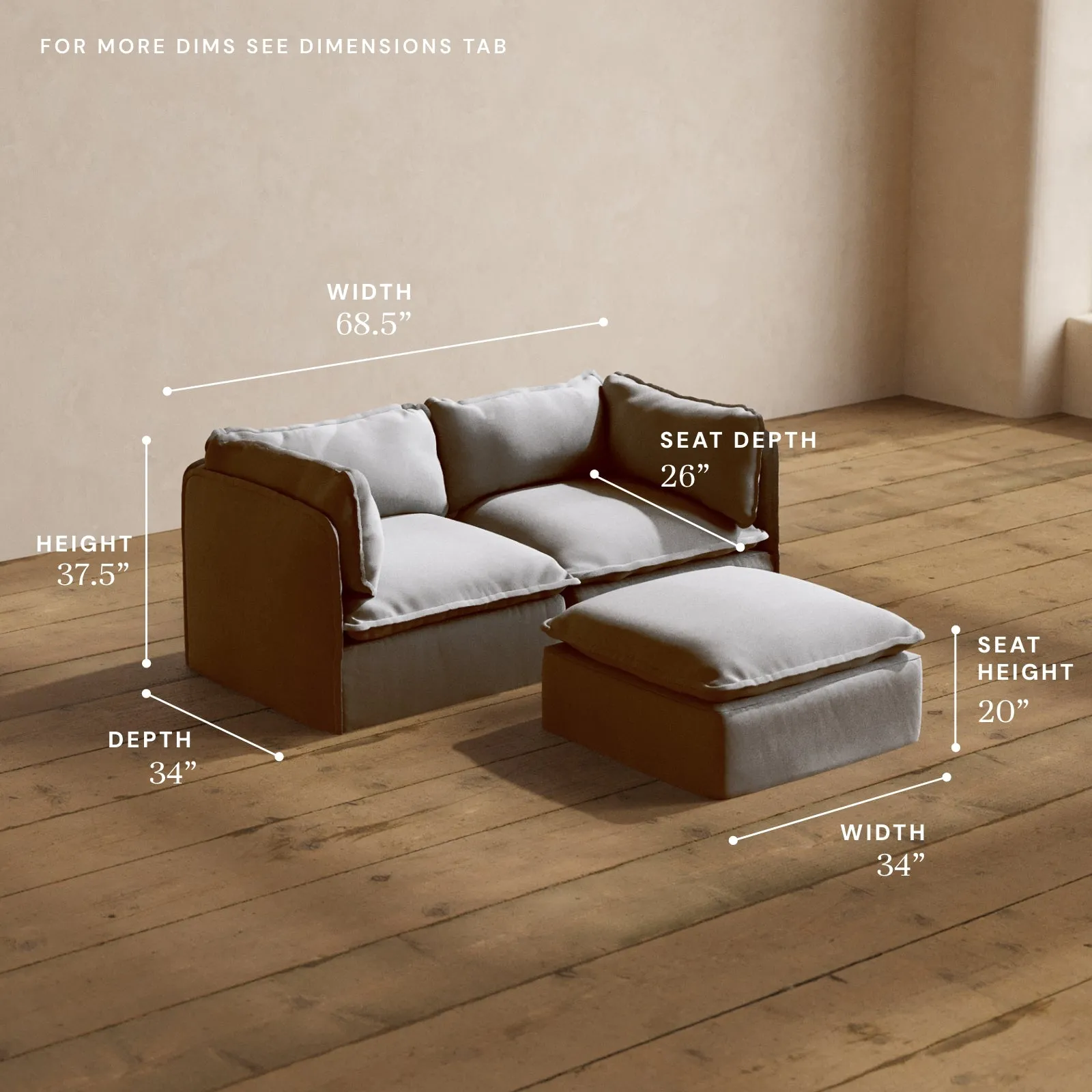 Modular Washable 2-Seater   Ottoman in Pumice | Memorix  Seat | Contour Pillow