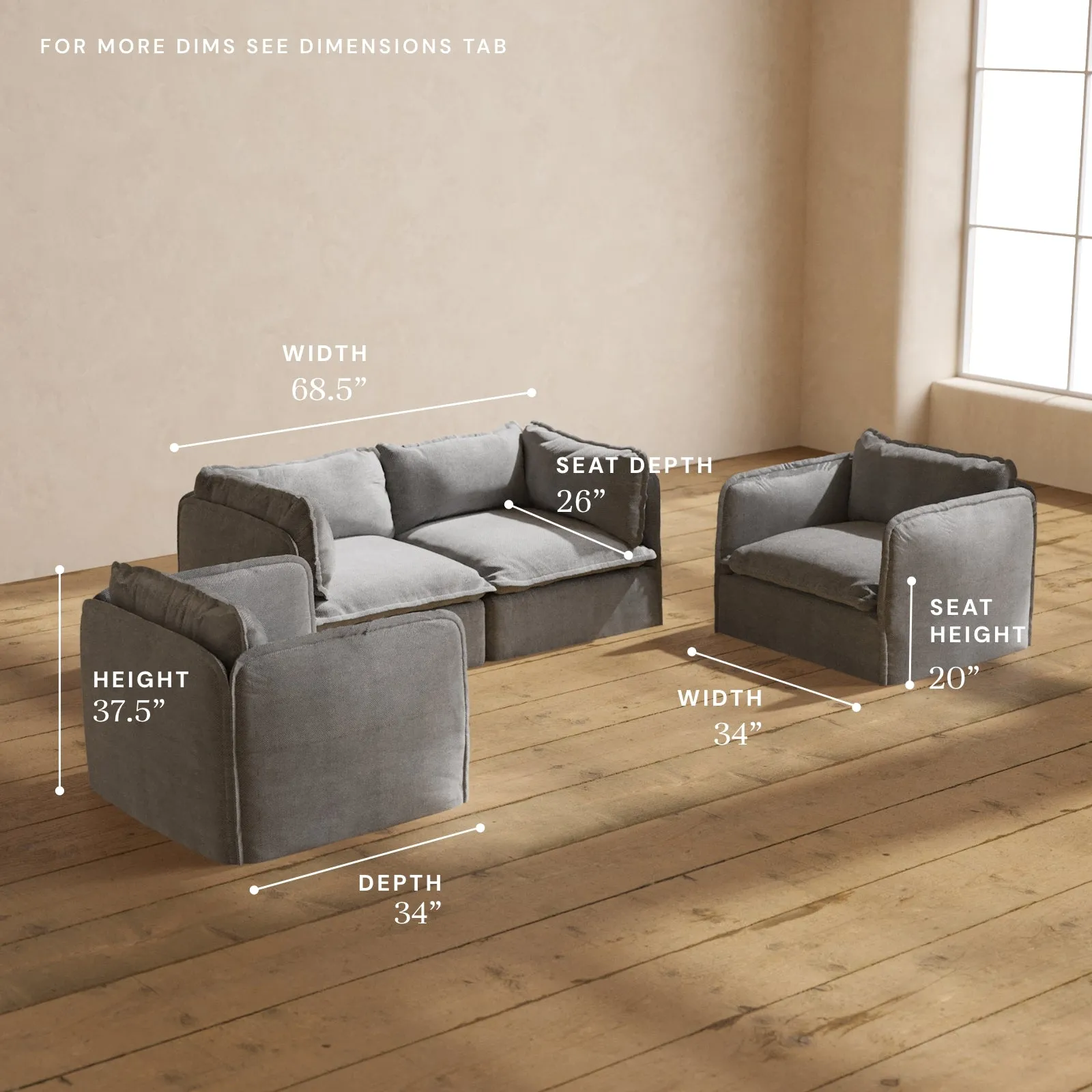 Modular Washable 2-Seater Sofa   Armchair Set in Ash | Deluxe  Seat | Cloud Pillow