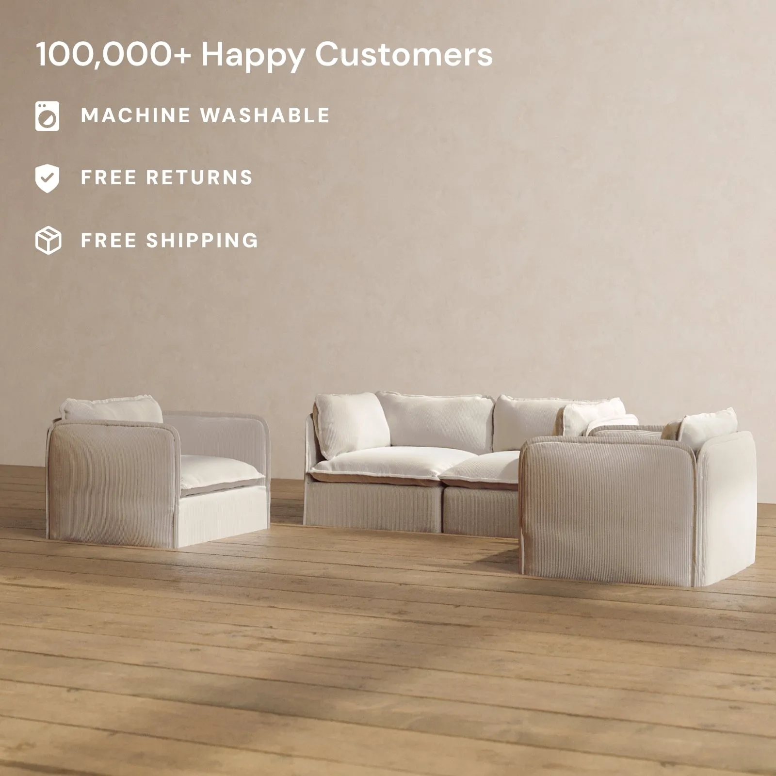 Modular Washable 2-Seater Sofa   Armchair Set in Milk | Deluxe  Seat | Cloud Pillow
