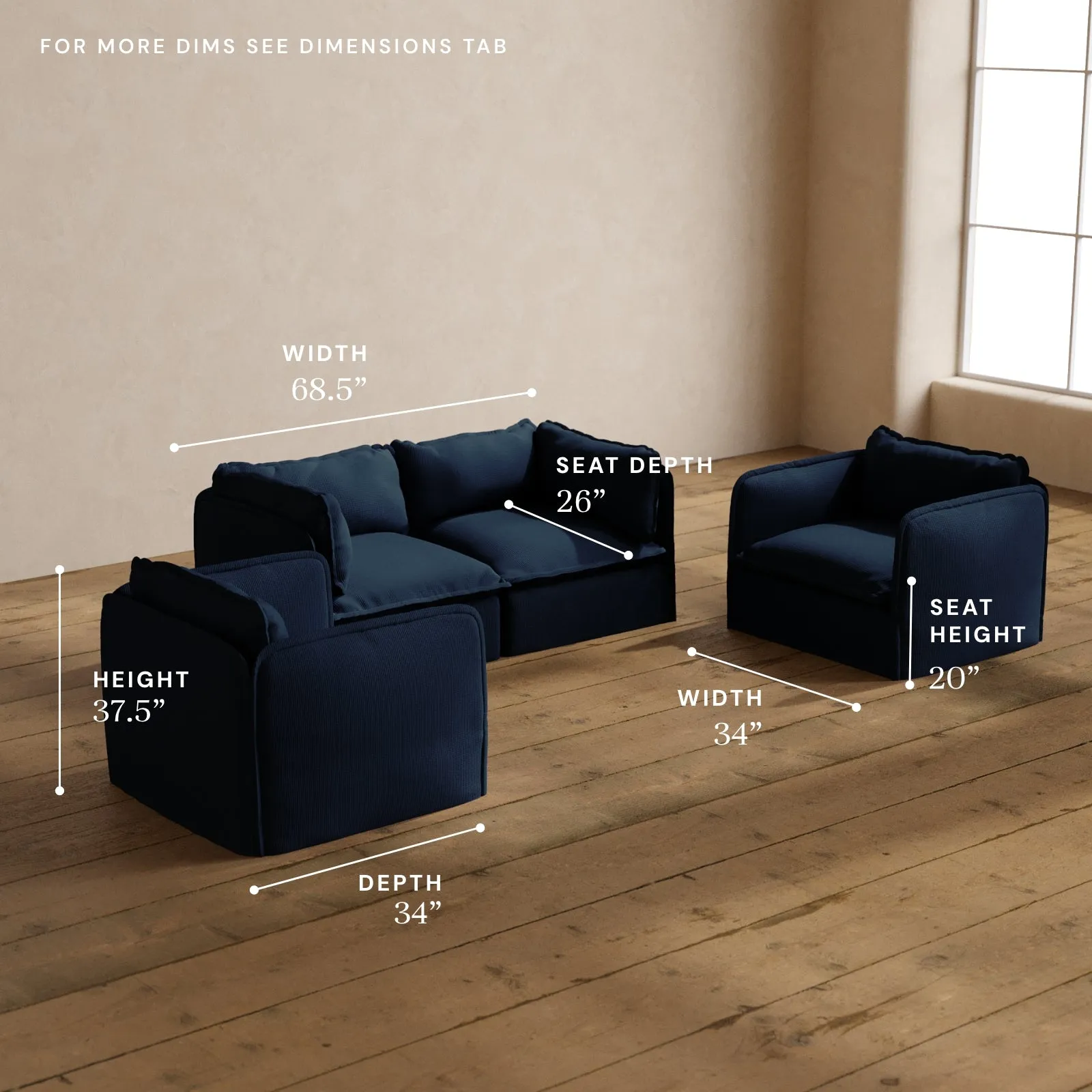Modular Washable 2-Seater Sofa   Armchair Set in Sumi | Deluxe  Seat | Cloud Pillow