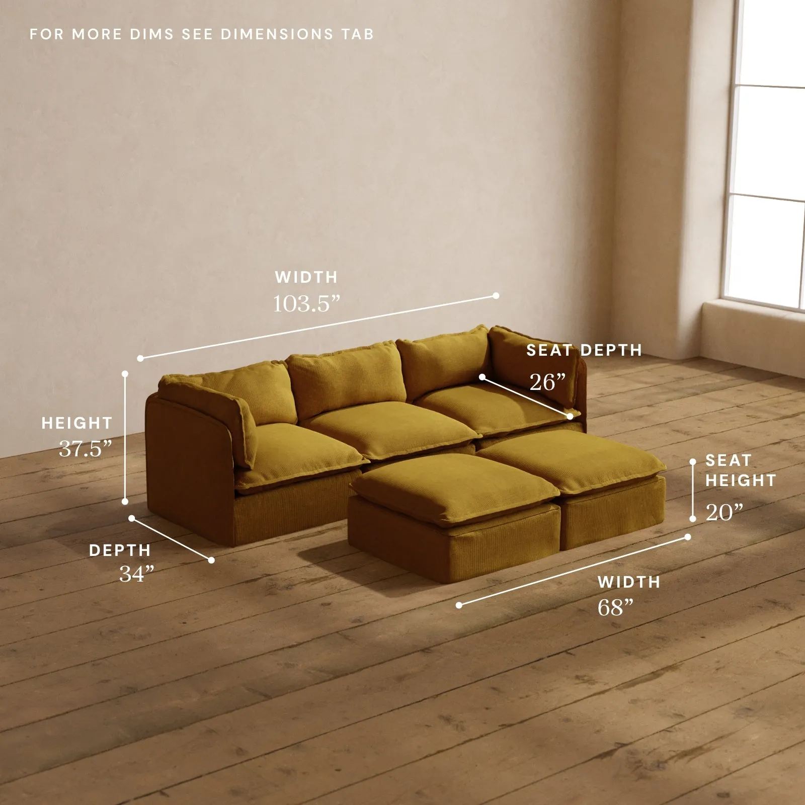Modular Washable 3-Seater   Bench Ottoman in Kiiro | Deluxe  Seat | Cloud Pillow