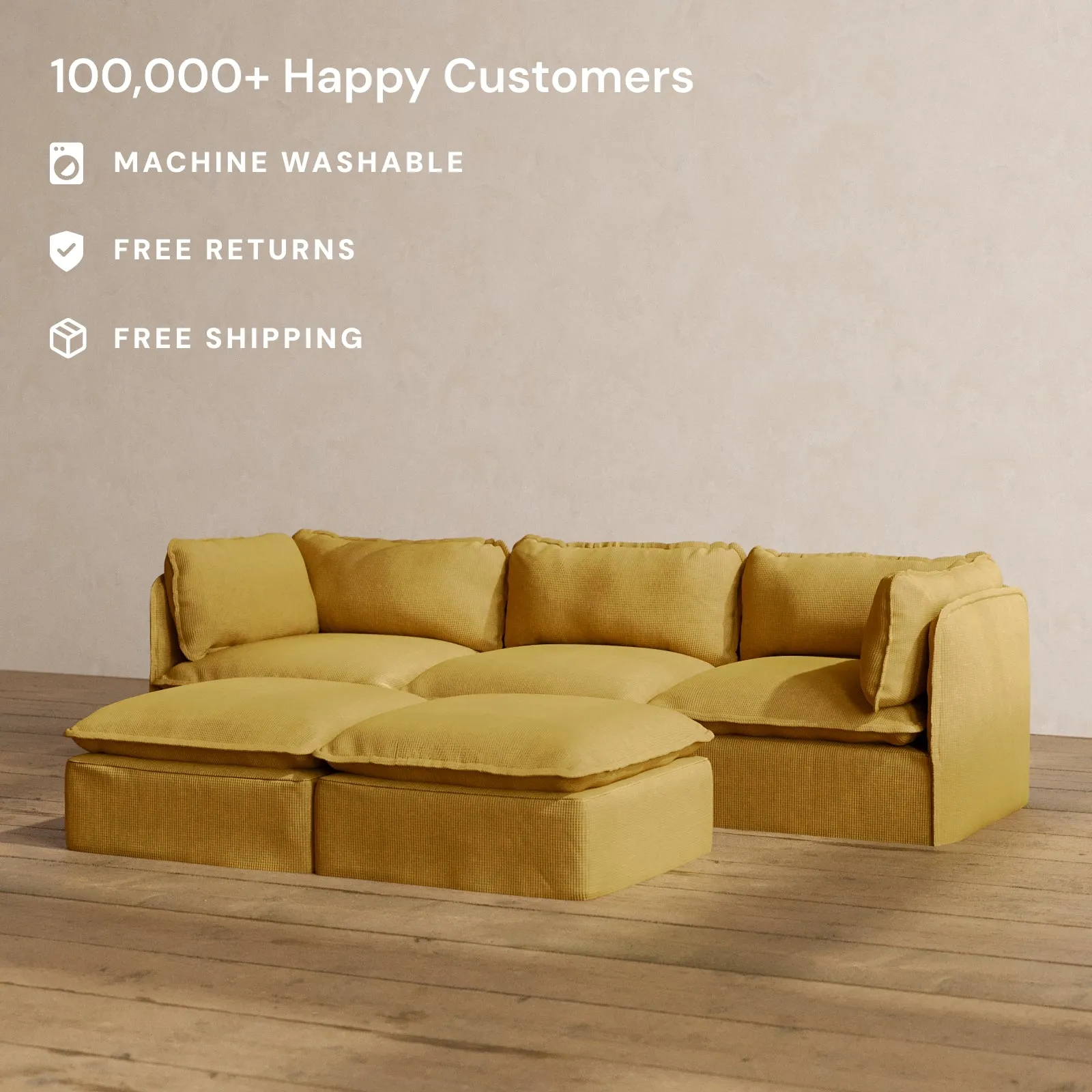 Modular Washable 3-Seater   Bench Ottoman in Kiiro | Deluxe  Seat | Cloud Pillow