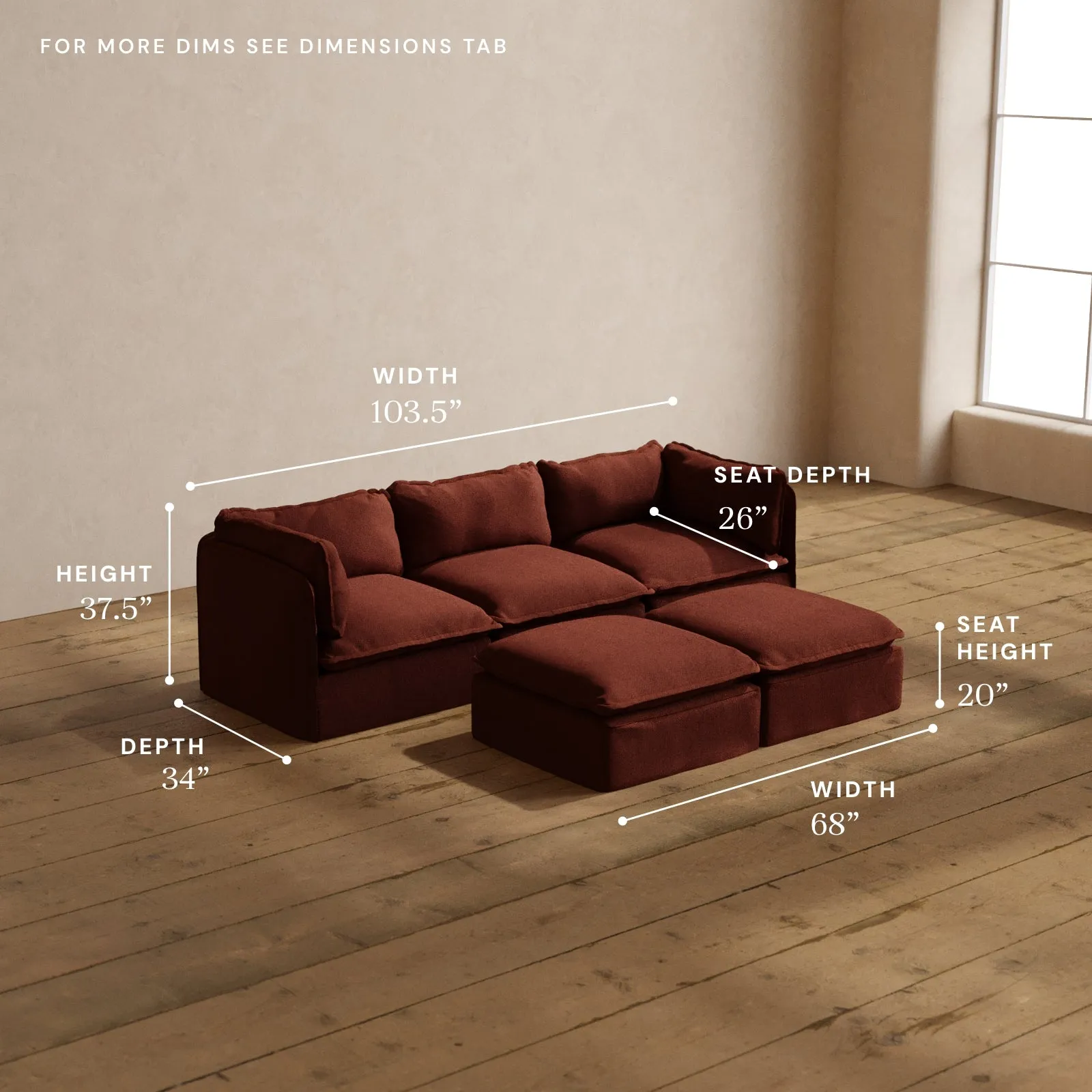 Modular Washable 3-Seater   Bench Ottoman in Rust | Deluxe  Seat | Cloud Pillow