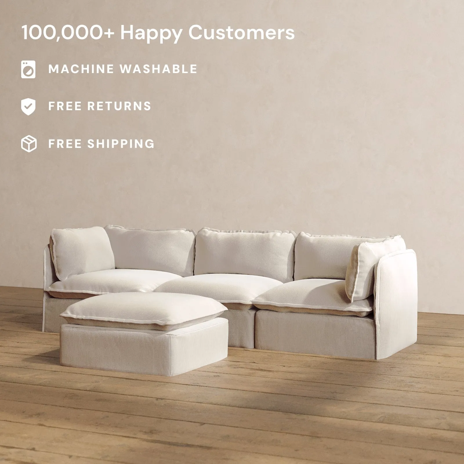 Modular Washable 3-Seater   Ottoman in Milk | Deluxe  Seat | Cloud Pillow