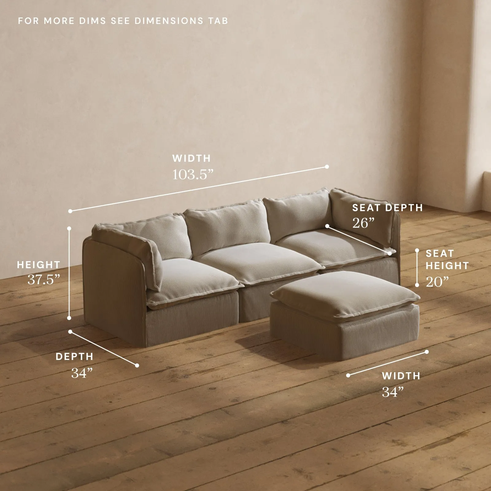 Modular Washable 3-Seater   Ottoman in Milk | Deluxe  Seat | Cloud Pillow