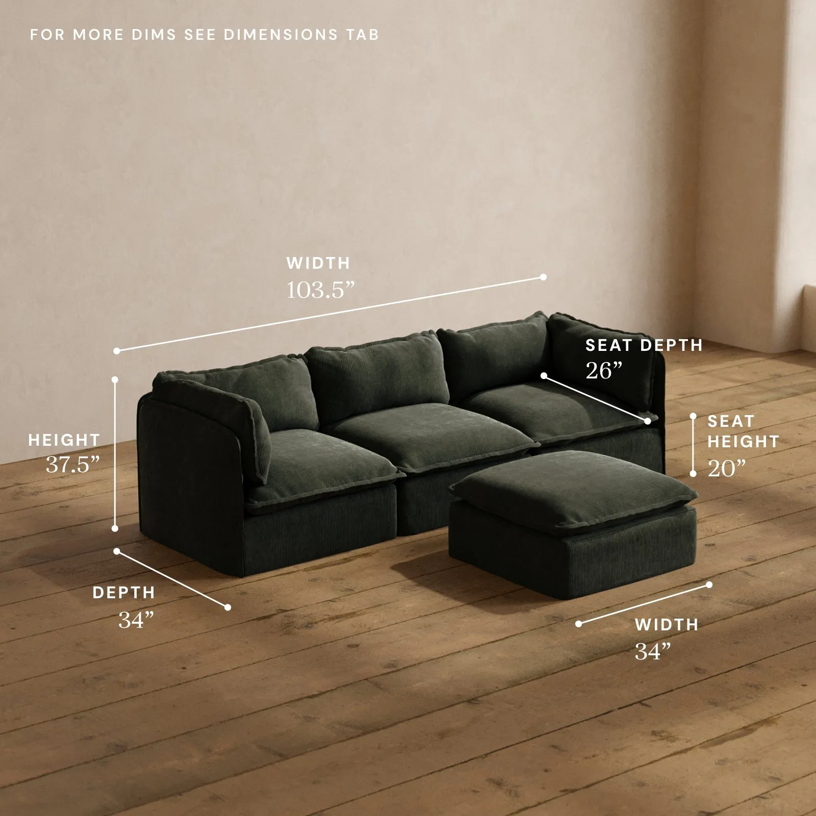 Modular Washable 3-Seater   Ottoman in Olivine | Deluxe  Seat | Cloud Pillow