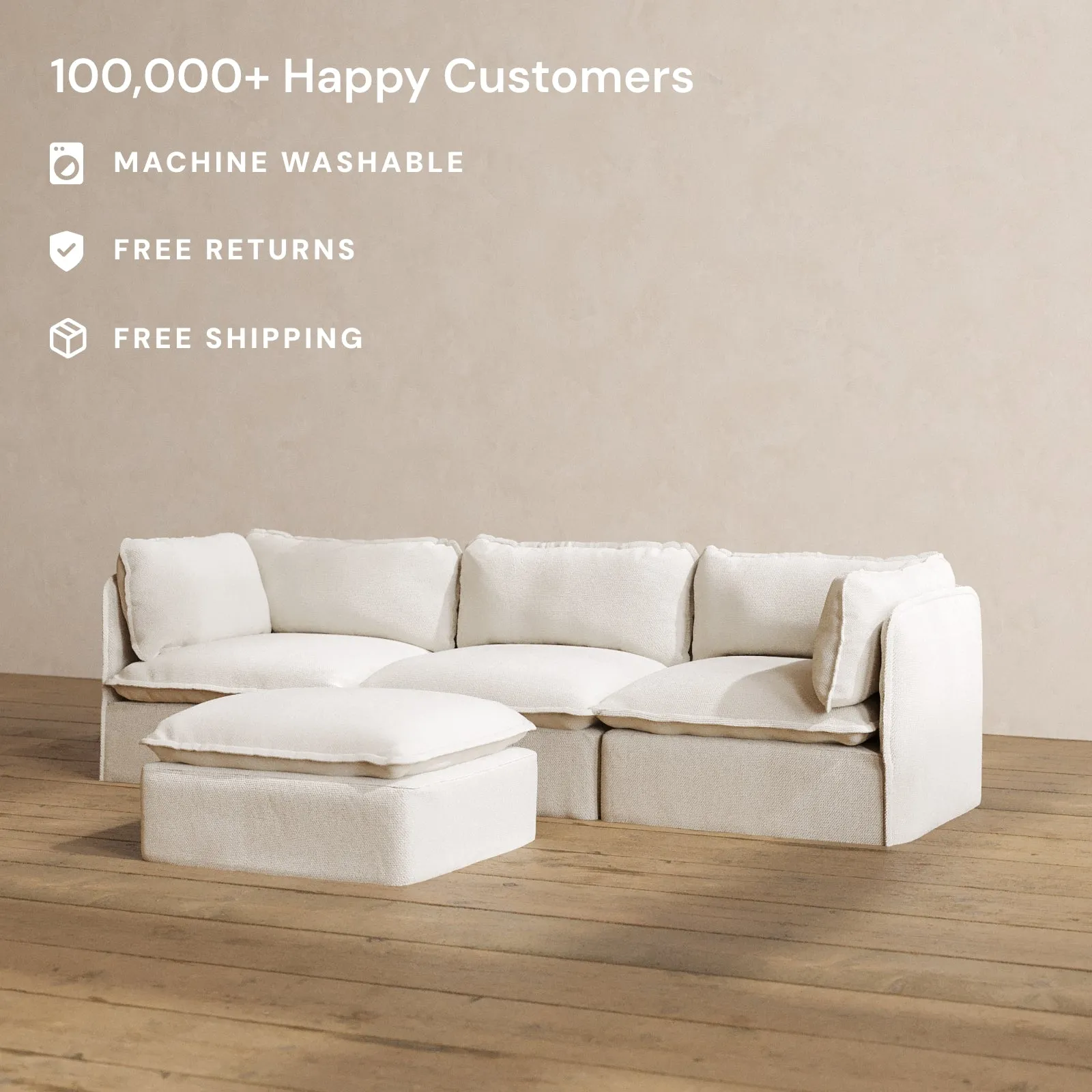 Modular Washable 3-Seater   Ottoman in Powder | Deluxe  Seat | Cloud Pillow