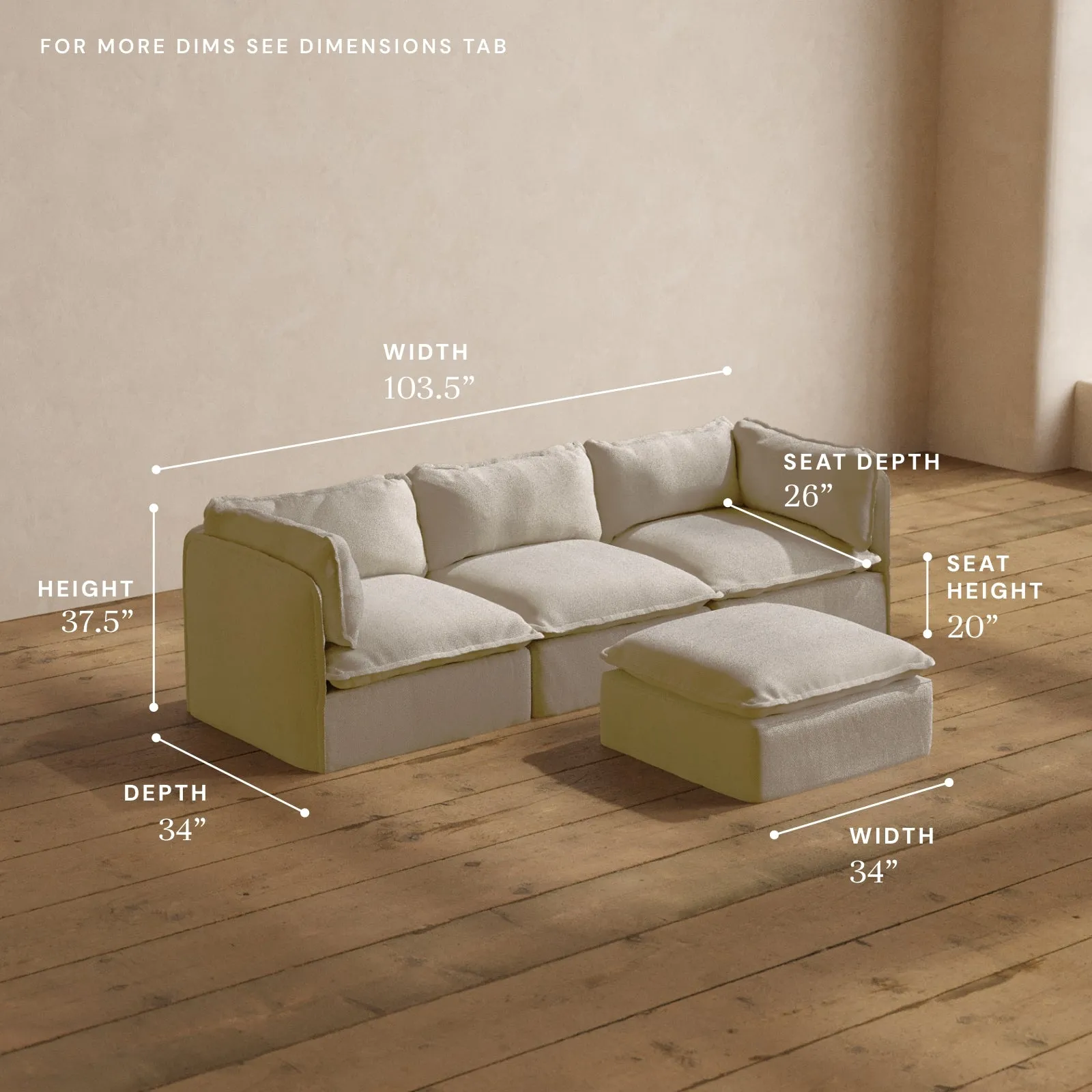 Modular Washable 3-Seater   Ottoman in Powder | Deluxe  Seat | Cloud Pillow