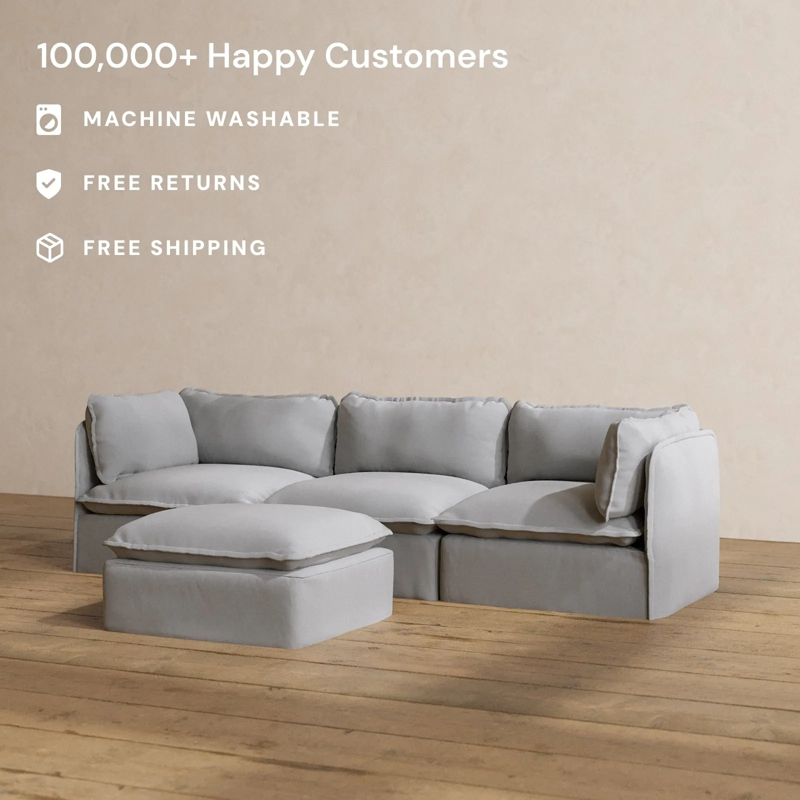 Modular Washable 3-Seater   Ottoman in Pumice | Deluxe  Seat | Cloud Pillow