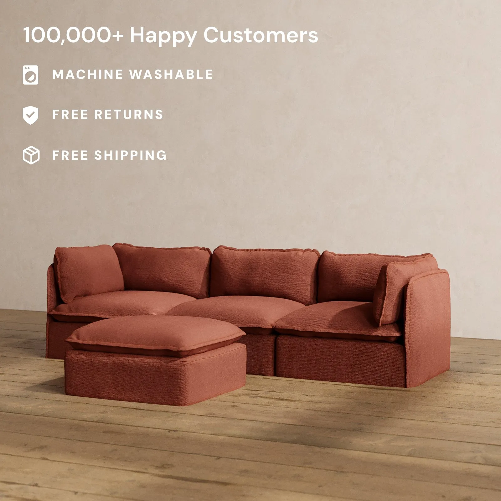 Modular Washable 3-Seater   Ottoman in Rust | Deluxe  Seat | Cloud Pillow