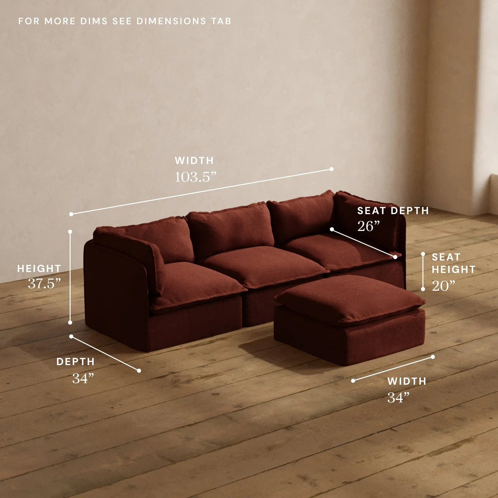 Modular Washable 3-Seater   Ottoman in Rust | Deluxe  Seat | Cloud Pillow