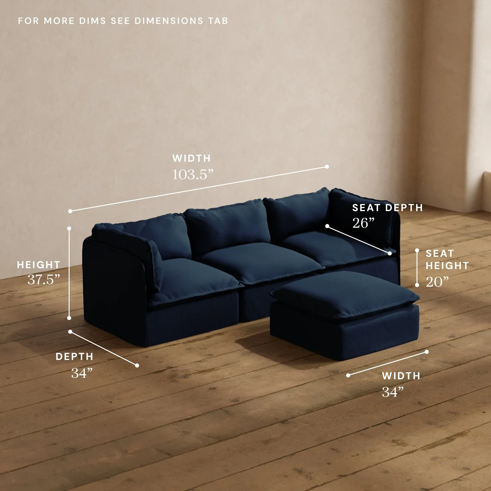 Modular Washable 3-Seater   Ottoman in Sumi | Deluxe  Seat | Cloud Pillow