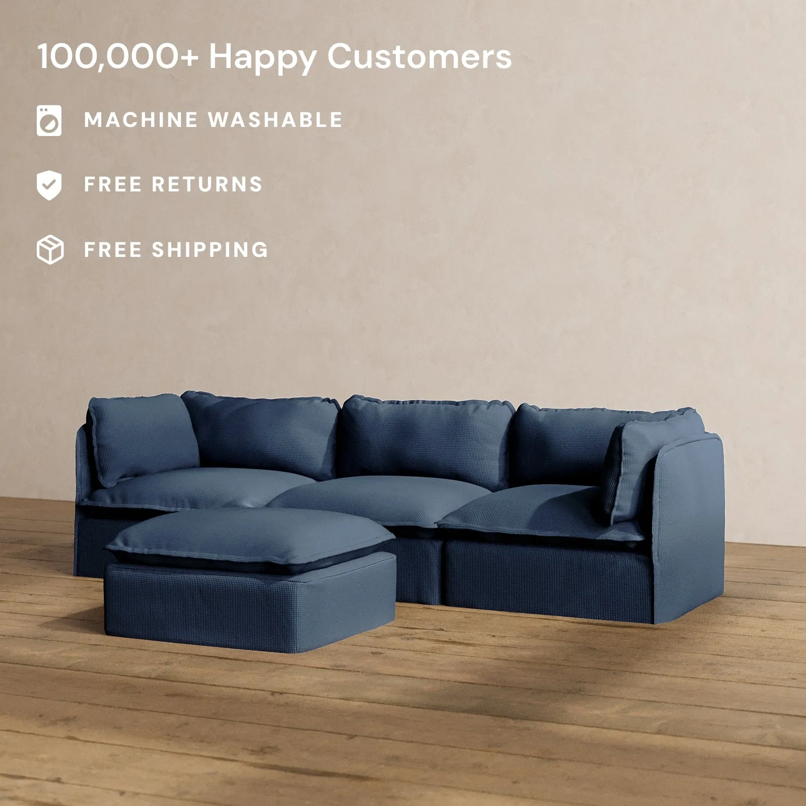 Modular Washable 3-Seater   Ottoman in Sumi | Deluxe  Seat | Cloud Pillow