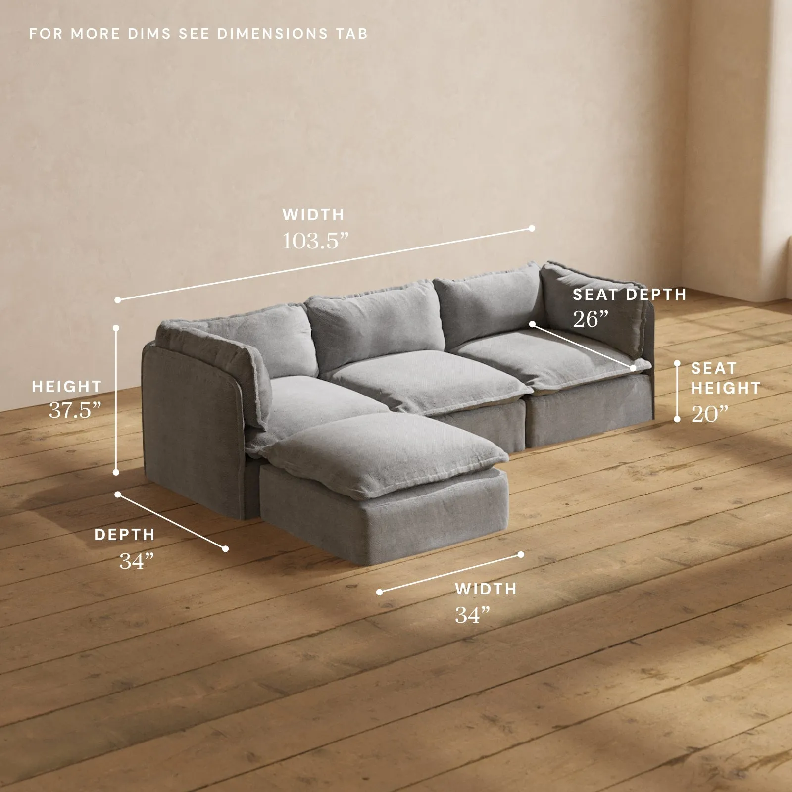 Modular Washable 3-Seater Sectional in Ash | Deluxe  Seat | Cloud Pillow
