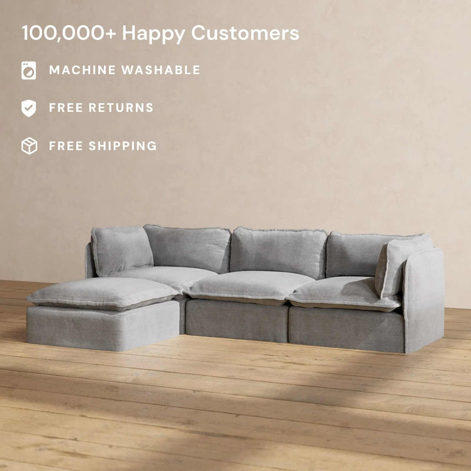 Modular Washable 3-Seater Sectional in Ash | Deluxe  Seat | Cloud Pillow