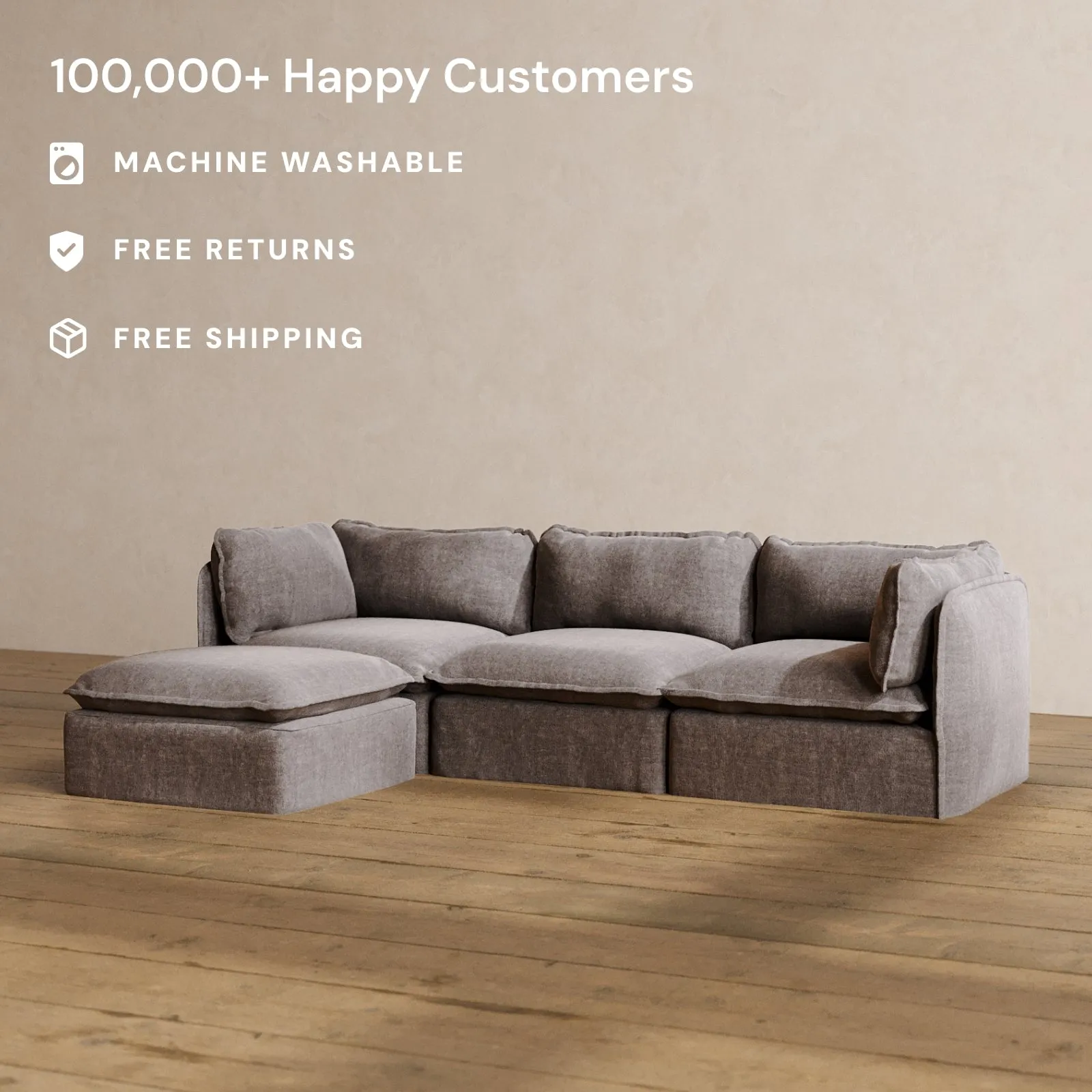 Modular Washable 3-Seater Sectional in Caviar | Deluxe  Seat | Cloud Pillow