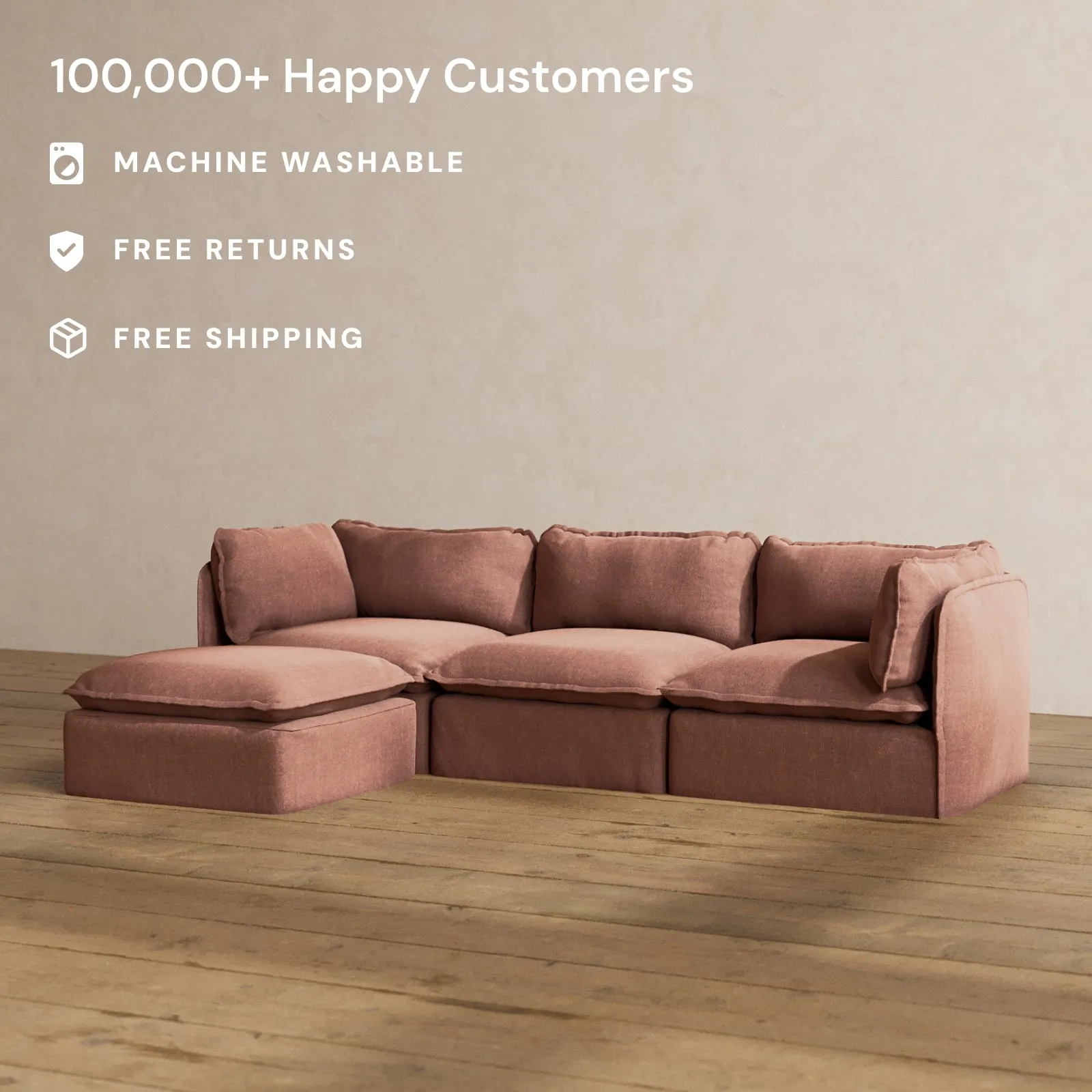 Modular Washable 3-Seater Sectional in Chestnut | Deluxe  Seat | Cloud Pillow