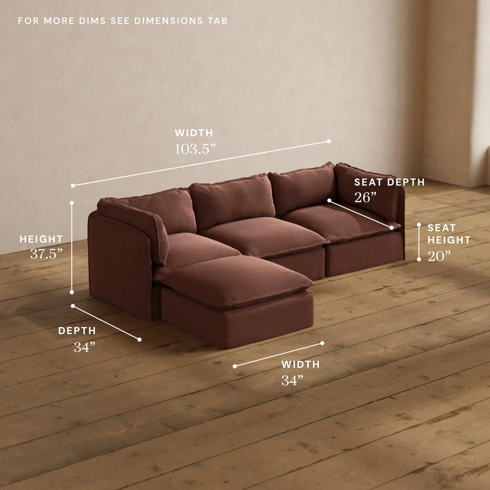 Modular Washable 3-Seater Sectional in Chestnut | Deluxe  Seat | Cloud Pillow