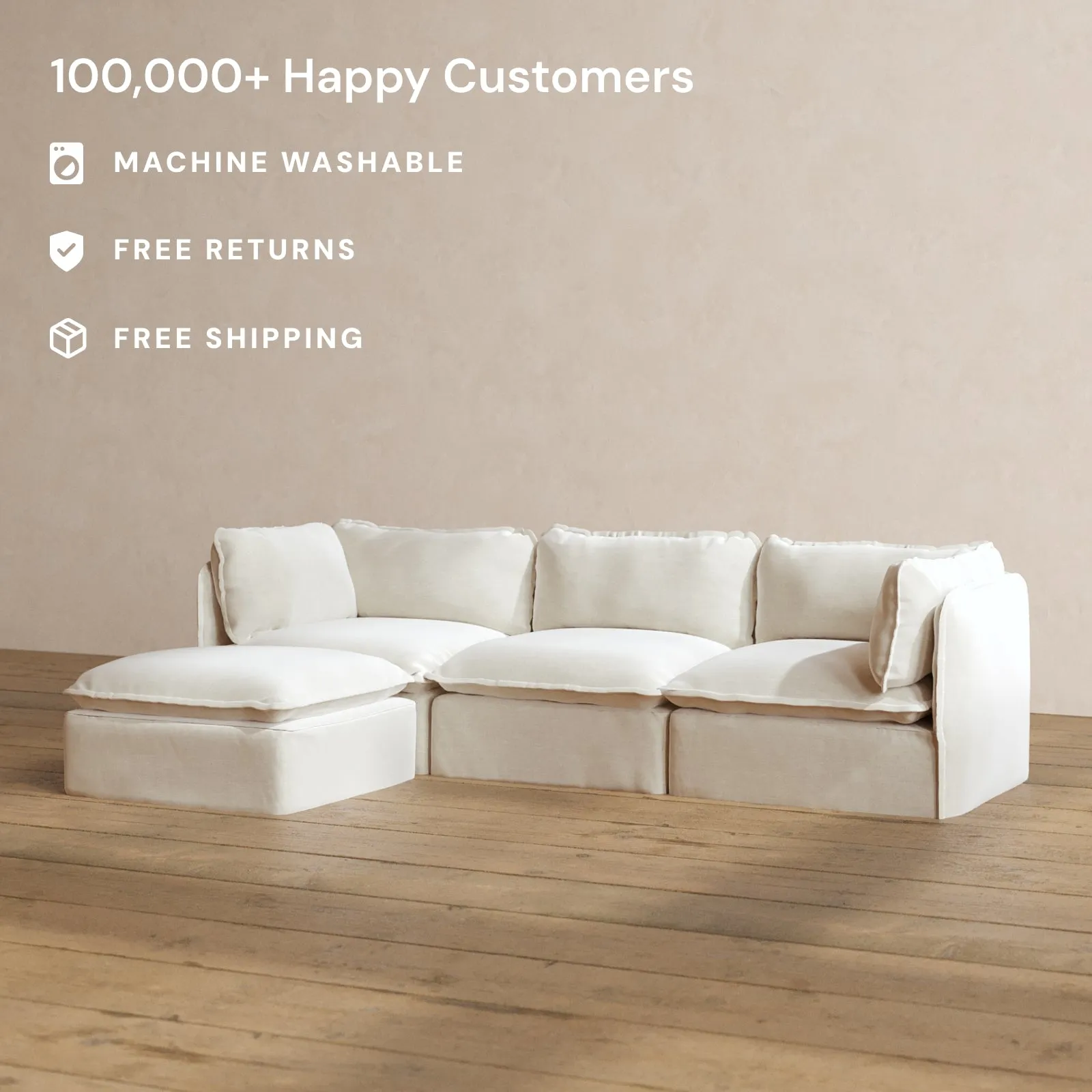 Modular Washable 3-Seater Sectional in Coco | Deluxe  Seat | Cloud Pillow