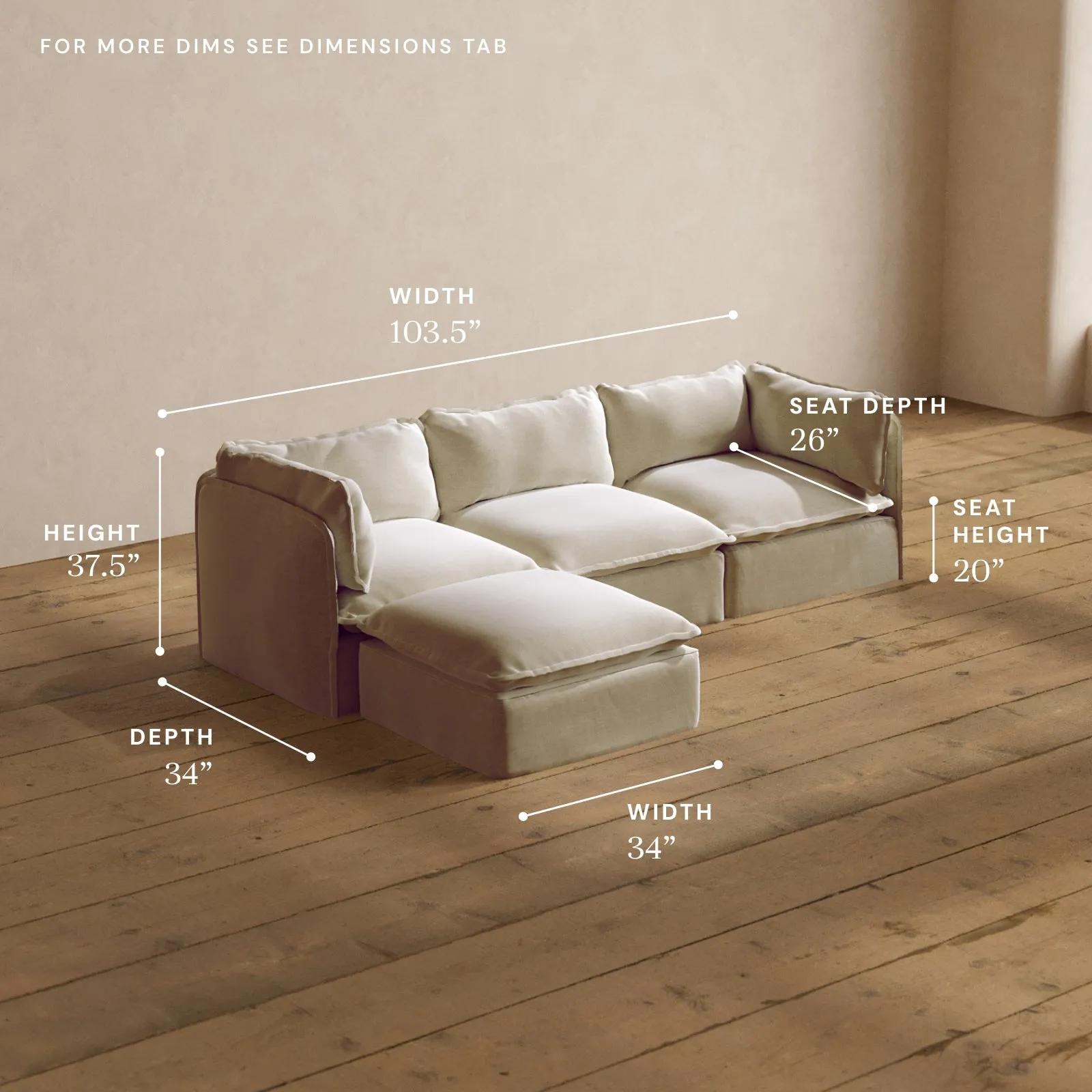 Modular Washable 3-Seater Sectional in Coco | Deluxe  Seat | Cloud Pillow