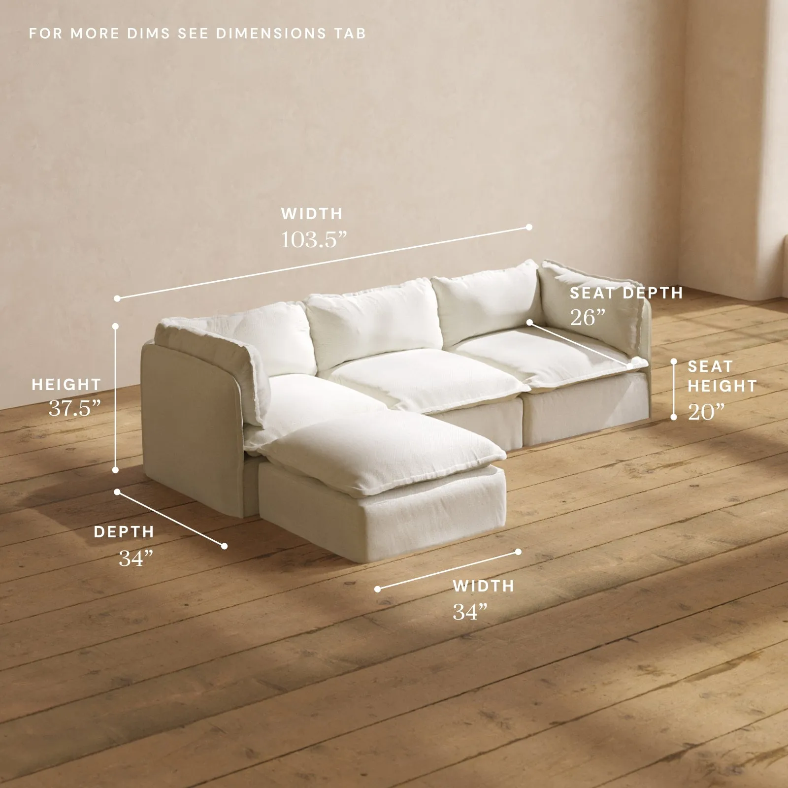 Modular Washable 3-Seater Sectional in Eggshell | Deluxe  Seat | Cloud Pillow