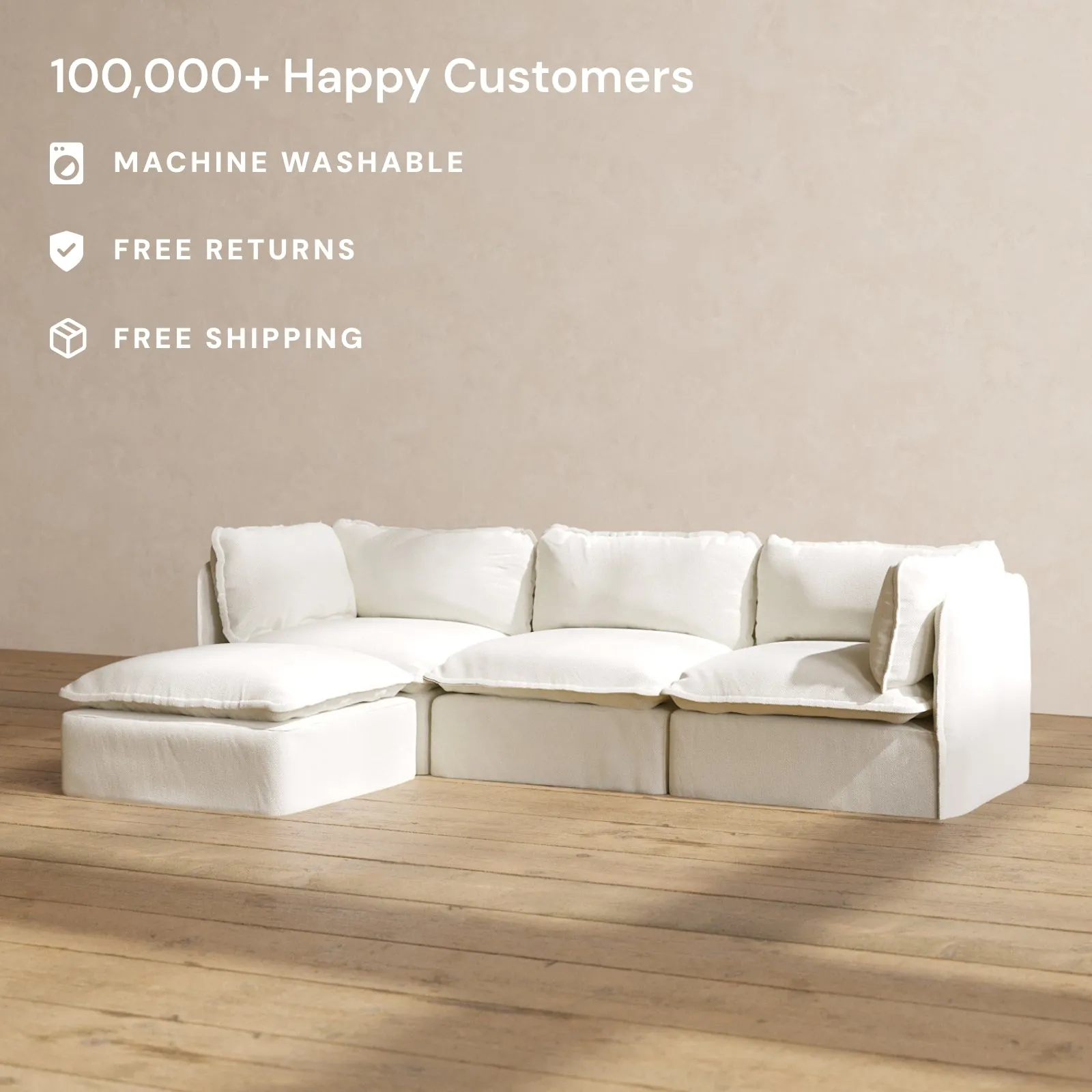 Modular Washable 3-Seater Sectional in Eggshell | Deluxe  Seat | Cloud Pillow