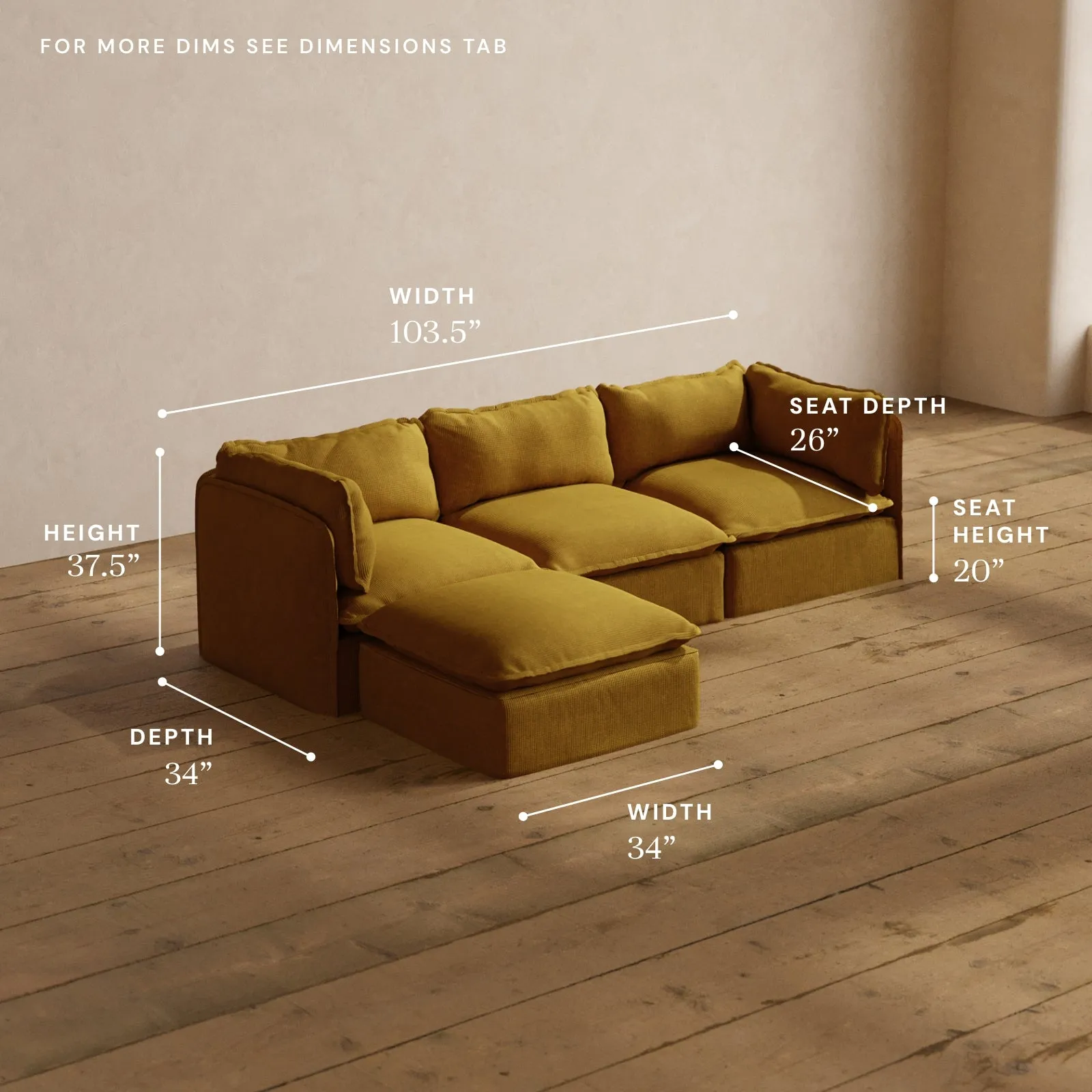 Modular Washable 3-Seater Sectional in Kiiro | Deluxe  Seat | Cloud Pillow