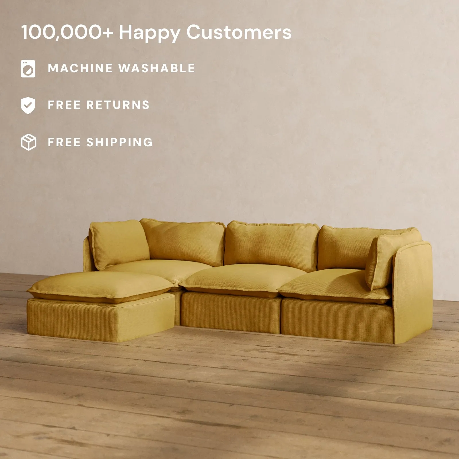 Modular Washable 3-Seater Sectional in Kiiro | Deluxe  Seat | Cloud Pillow