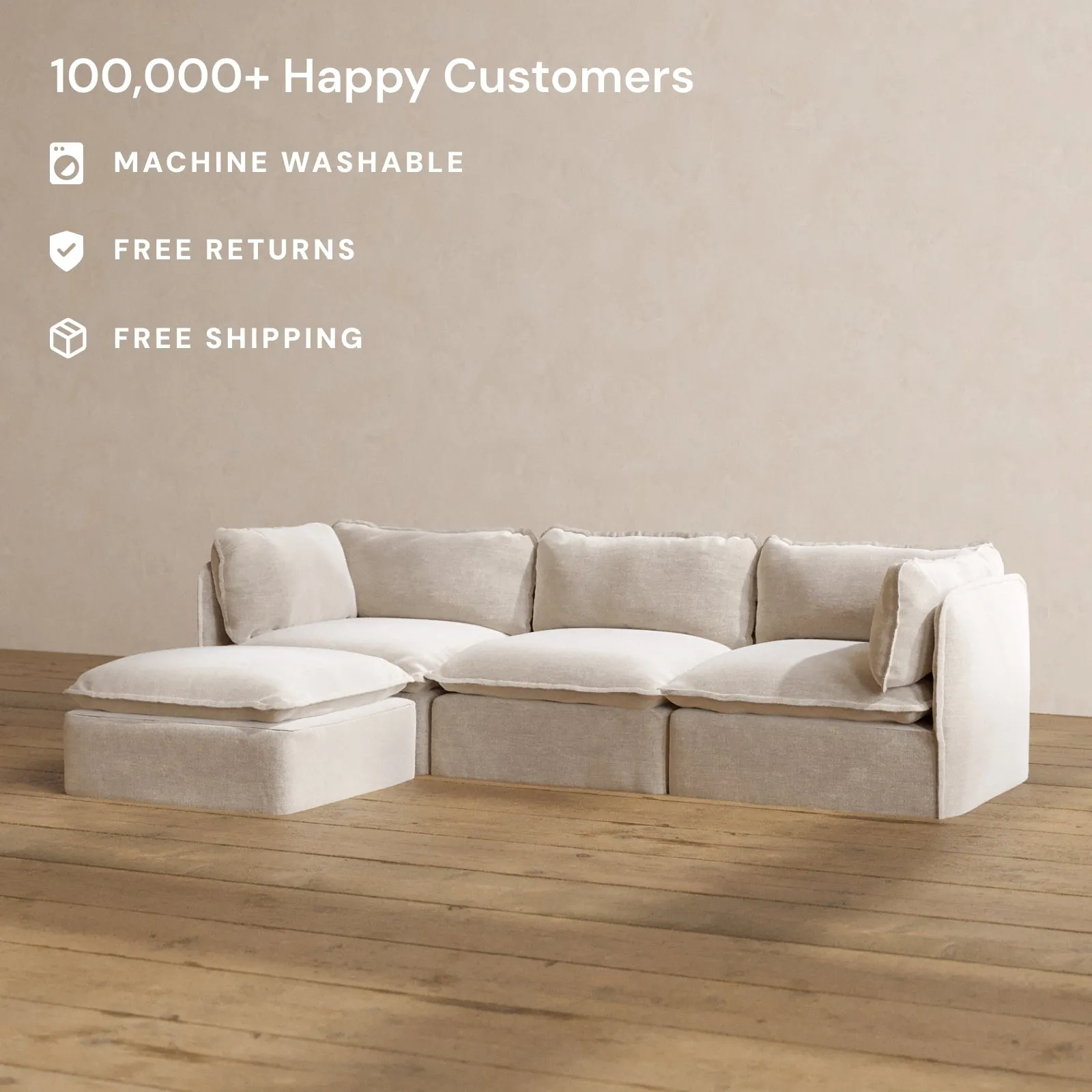 Modular Washable 3-Seater Sectional in Mist | Deluxe  Seat | Cloud Pillow
