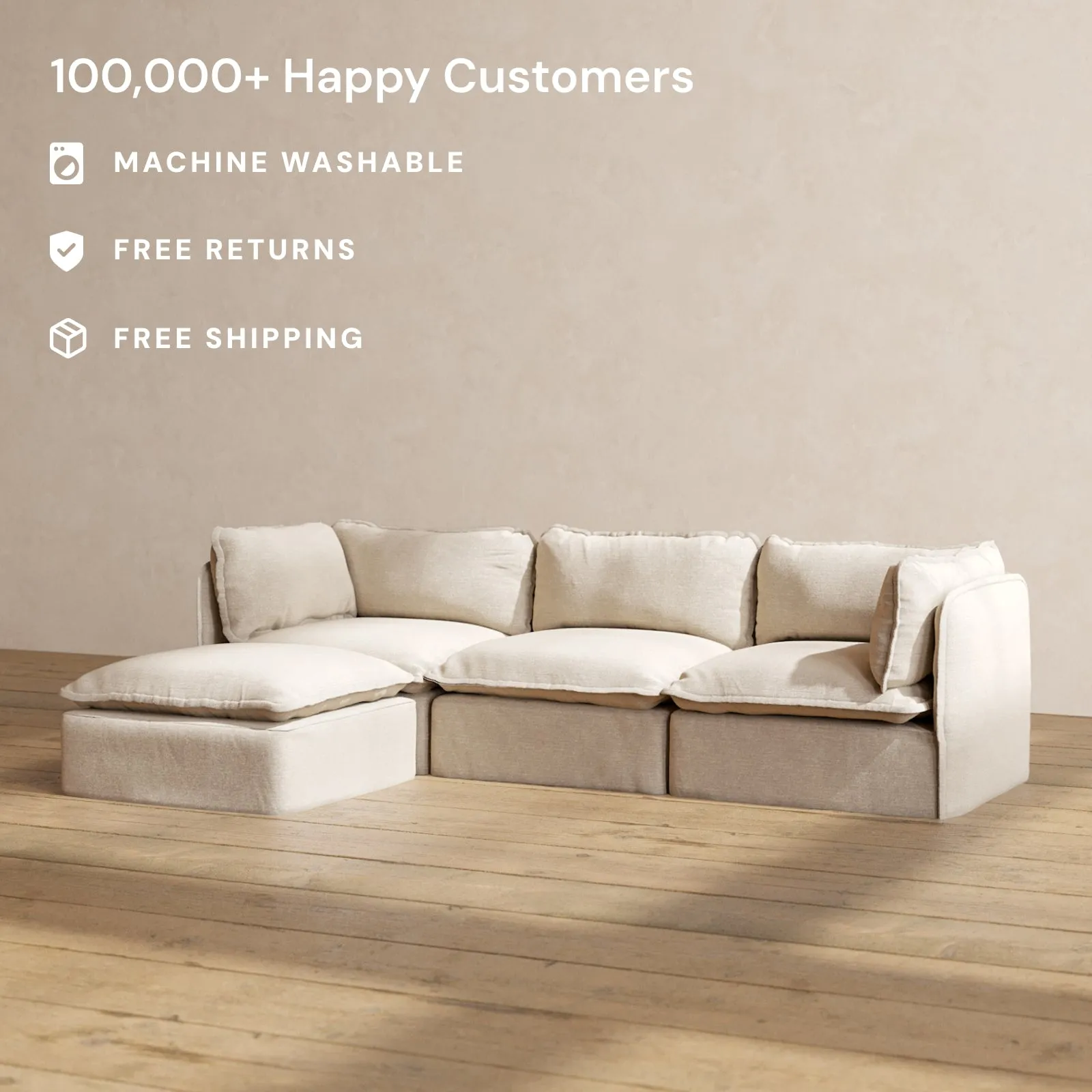Modular Washable 3-Seater Sectional in Oat | Deluxe  Seat | Cloud Pillow