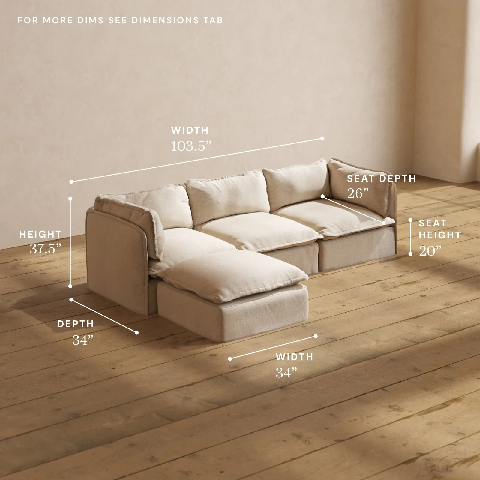 Modular Washable 3-Seater Sectional in Oat | Deluxe  Seat | Cloud Pillow