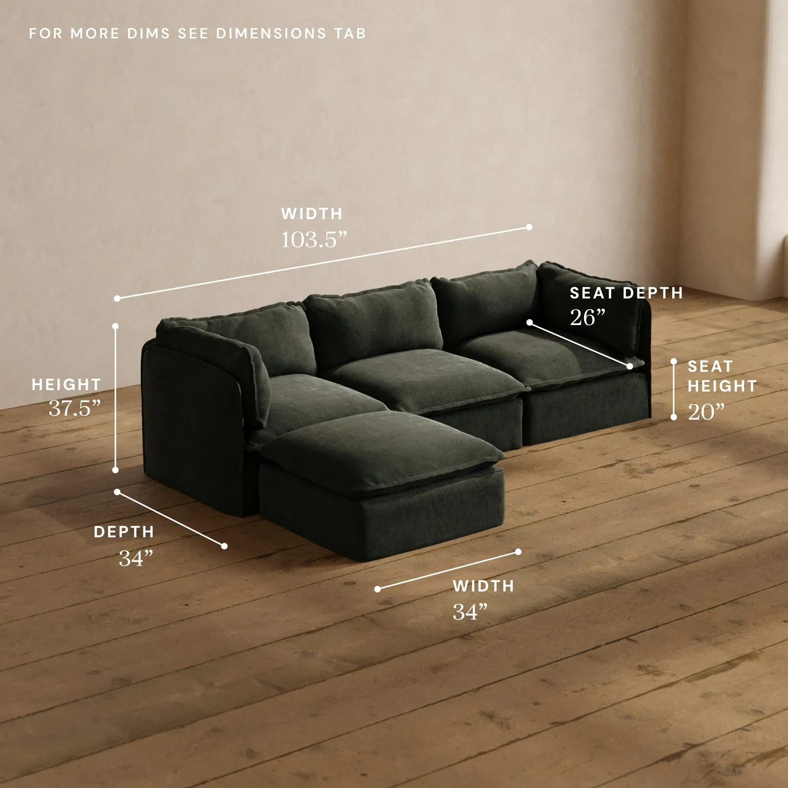 Modular Washable 3-Seater Sectional in Olivine | Deluxe  Seat | Cloud Pillow