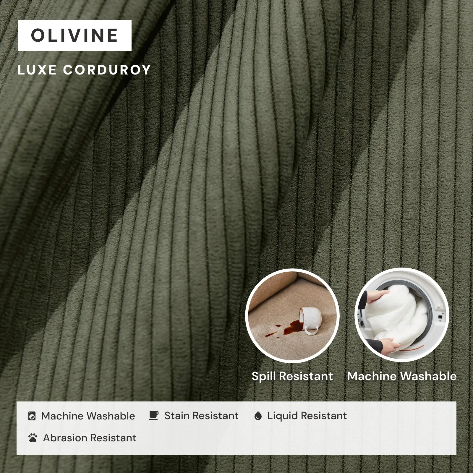 Modular Washable 3-Seater Sectional in Olivine | Deluxe  Seat | Cloud Pillow