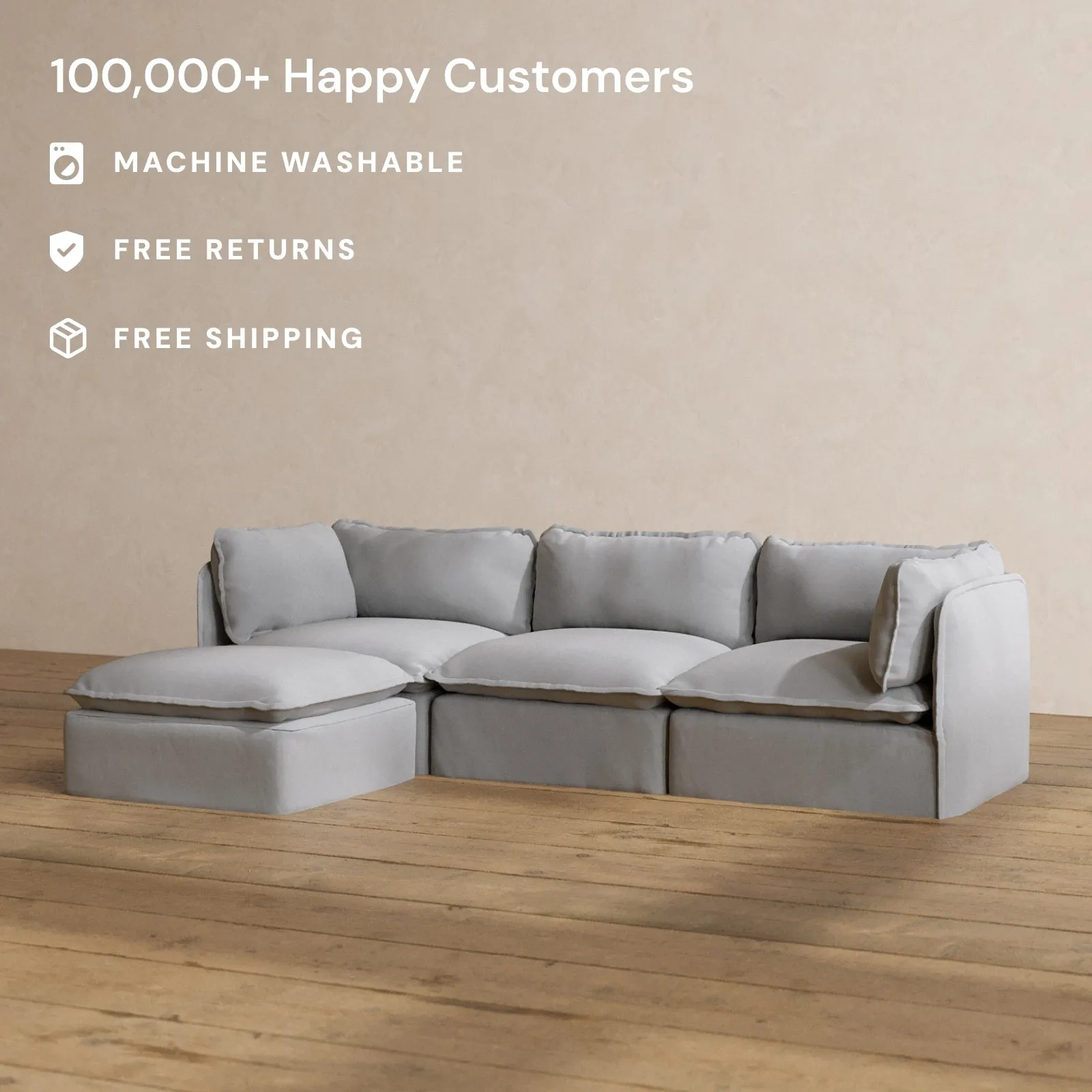 Modular Washable 3-Seater Sectional in Pumice | Deluxe  Seat | Cloud Pillow