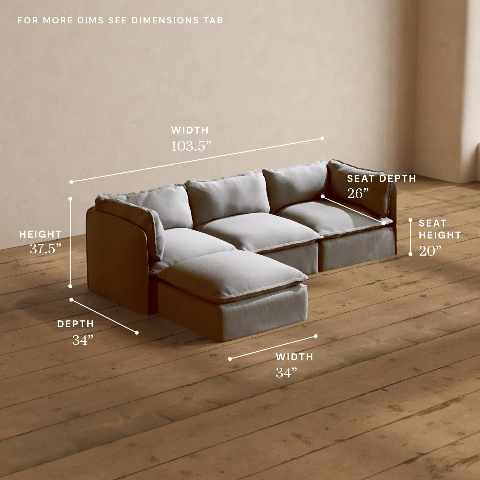 Modular Washable 3-Seater Sectional in Pumice | Deluxe  Seat | Cloud Pillow