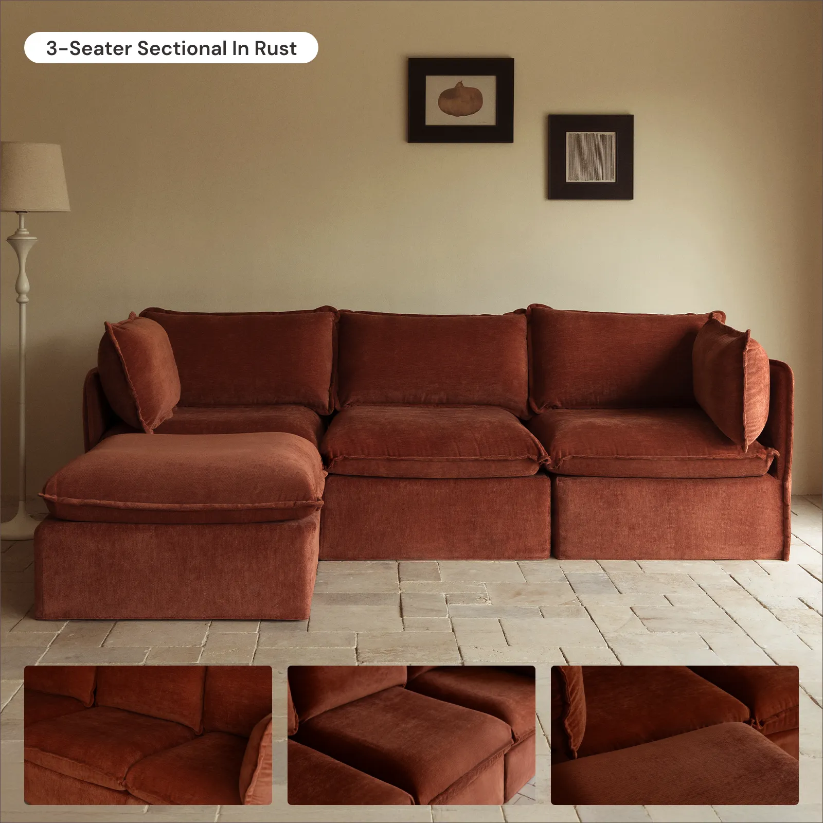 Modular Washable 3-Seater Sectional in Rust | Deluxe  Seat | Cloud Pillow