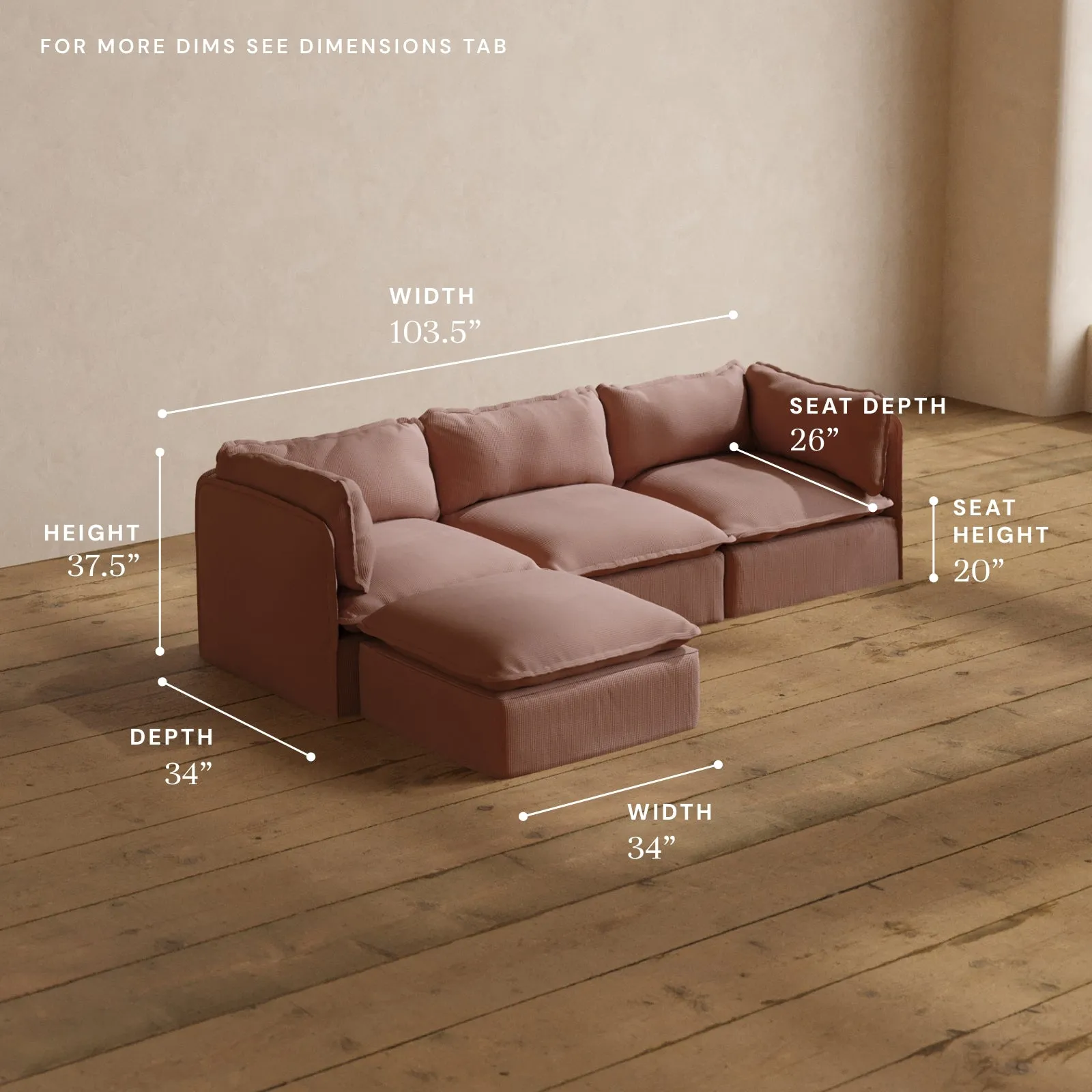 Modular Washable 3-Seater Sectional in Sakura | Deluxe  Seat | Cloud Pillow