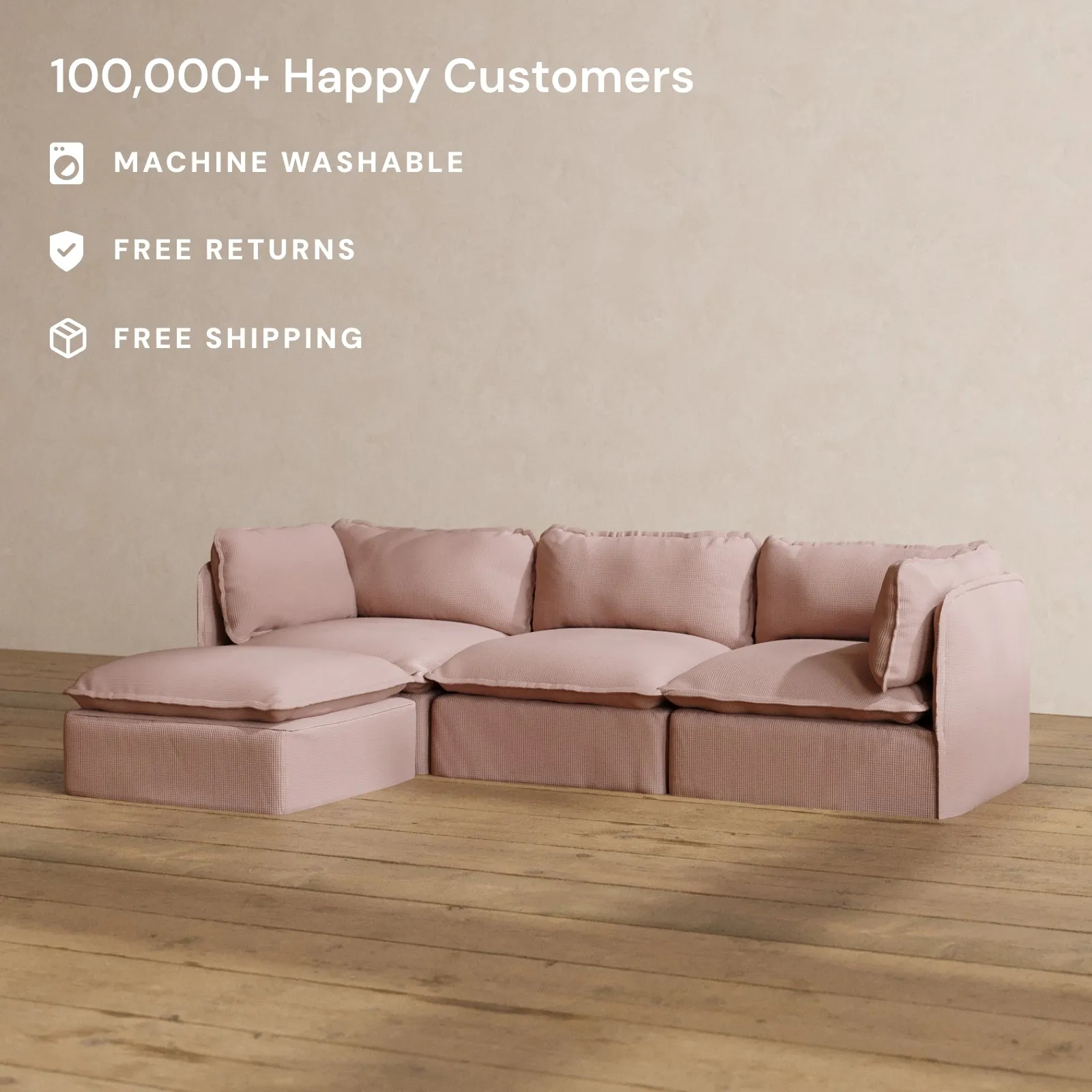 Modular Washable 3-Seater Sectional in Sakura | Deluxe  Seat | Cloud Pillow